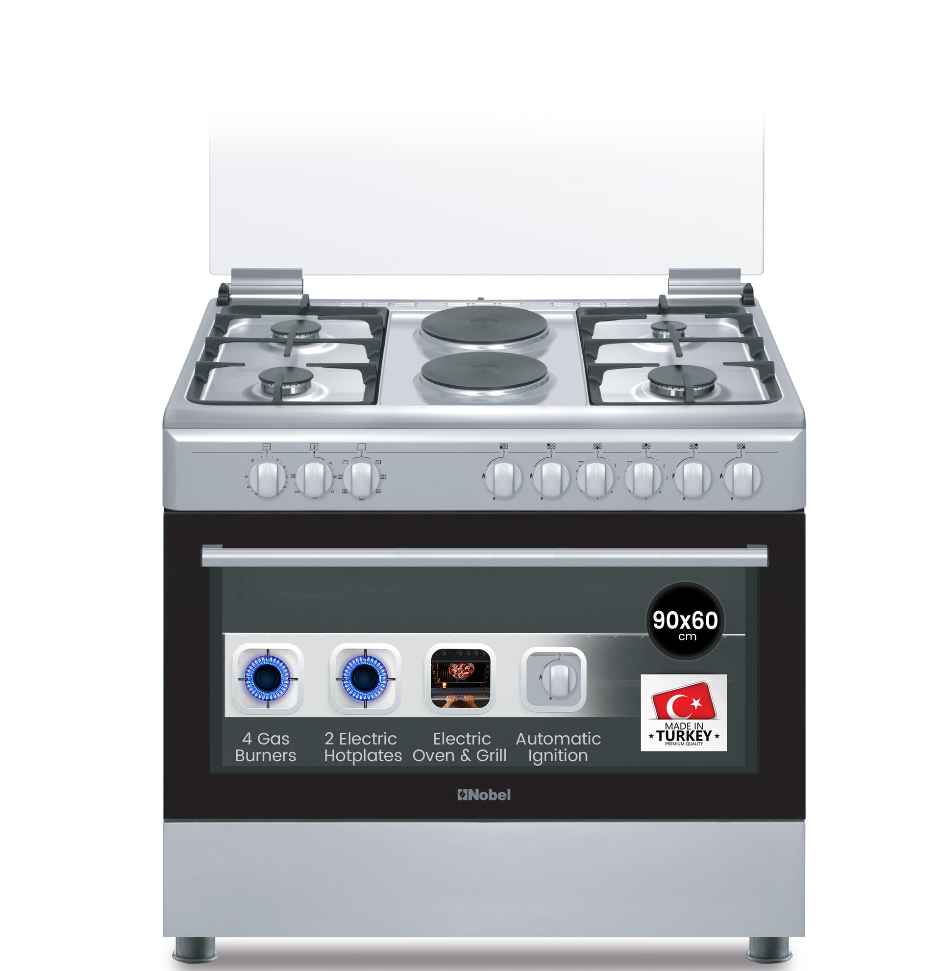 90 x 60 Electric & Gas Cooker, 4 Gas Burner, 2 Hot Plate, Electric Grill & Electric Oven, Made In Turkey - NGC9622