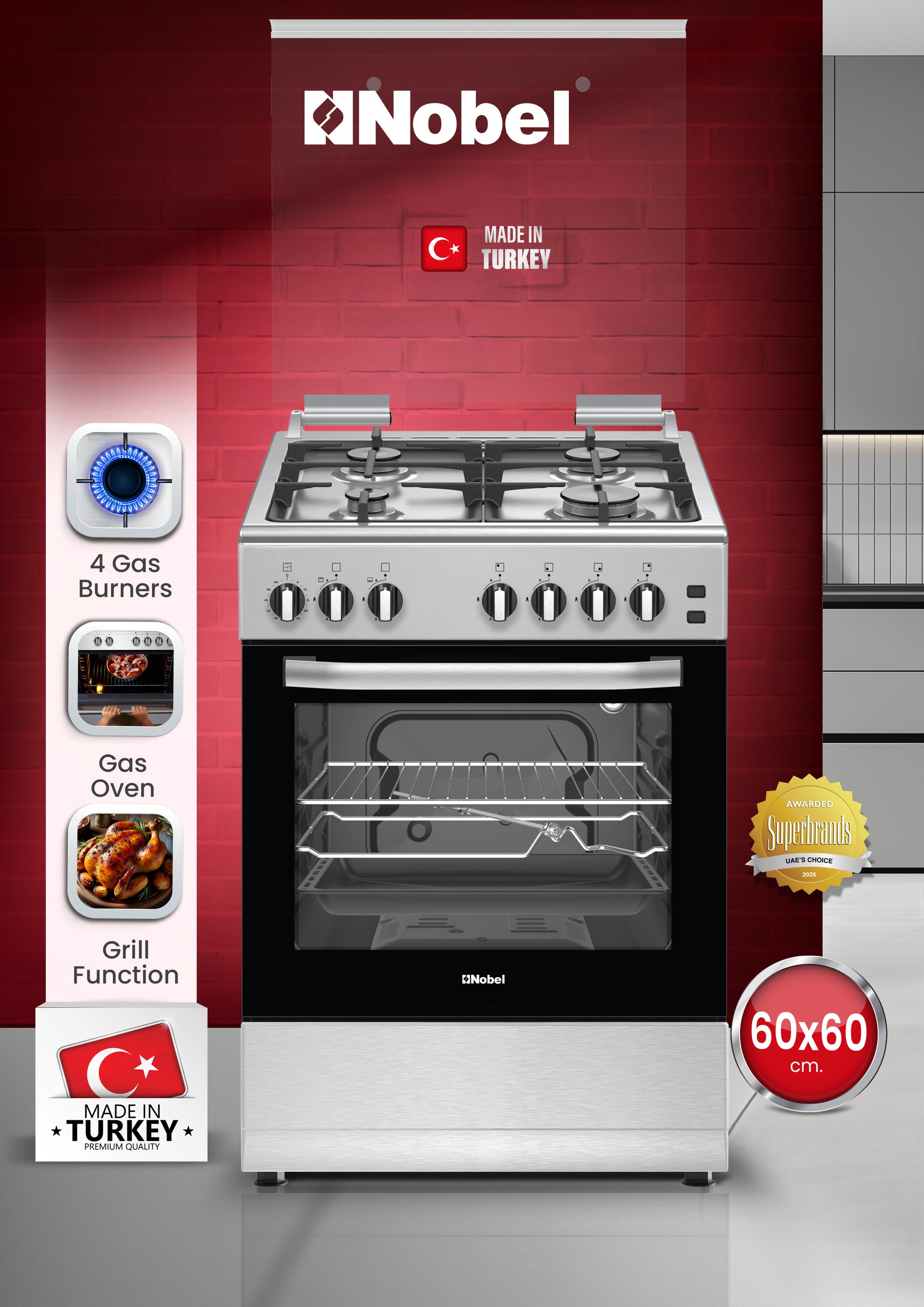 Nobel 60x60 Free Standing Gas Cooker with Gas Oven & Grill – 4 Gas Burners, Full Safety, Mechanical Timer, Rotisserie, Cast-Iron Pan Supports, Stainless Steel Finish – Made in Turkey NGC6062 Silver