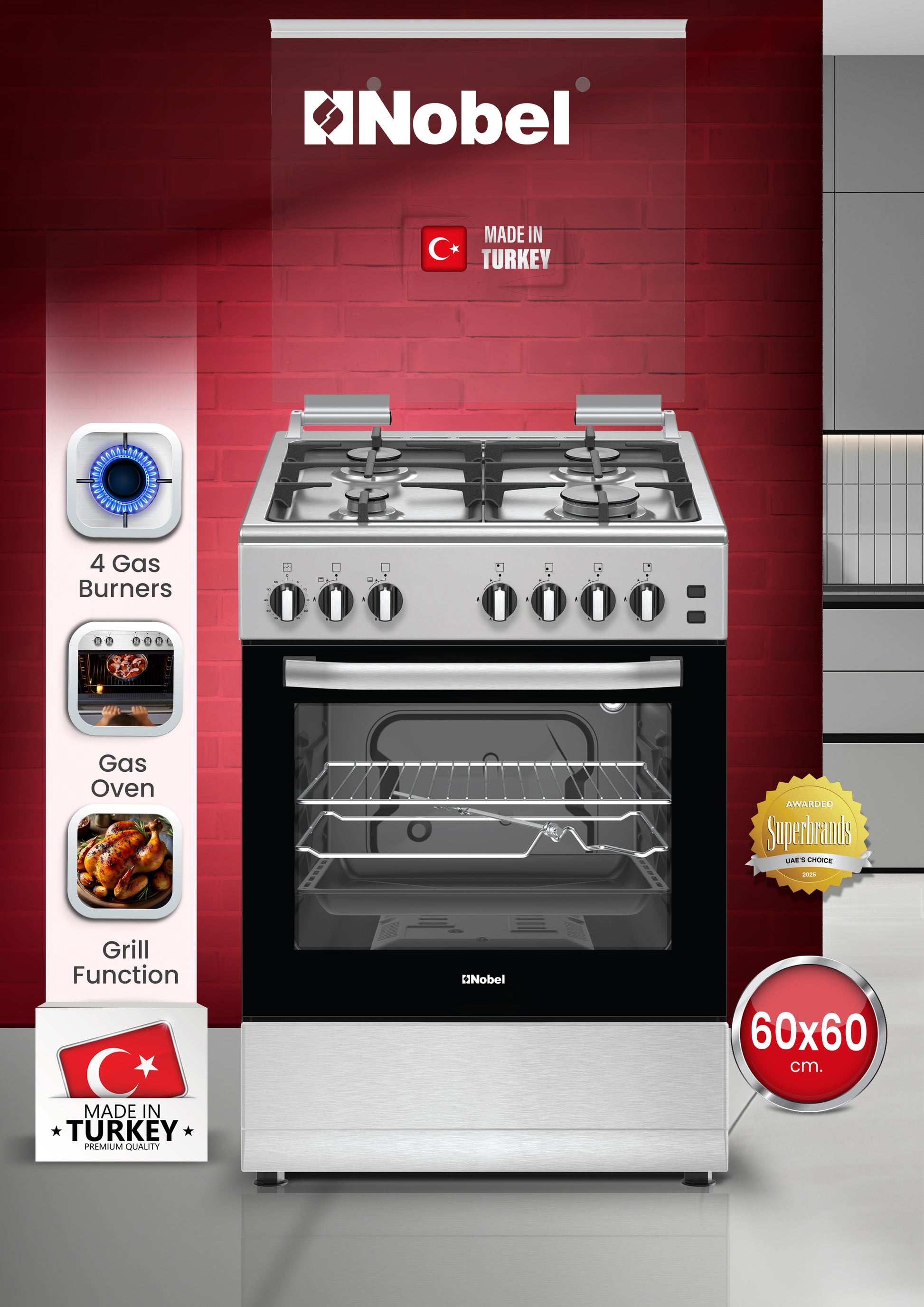 60x60 Free Standing Gas Cooker with Gas Oven & Grill 4 Gas Burners, Full Safety, Made in Turkey - NGC6062-1