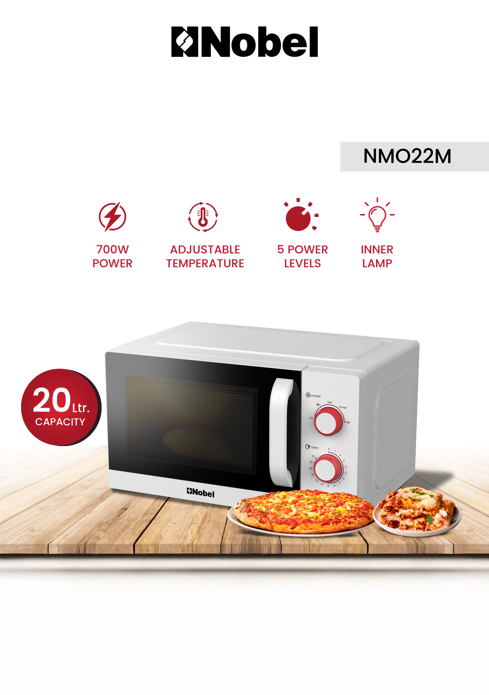 Nobel 20 Liters Capacity Microwave Oven, Knobs Control, 35mins Setting Time, 5 Power Levels, Cooking End Signal, Defrost Setting with 1Year Warranty NMO22M White-1