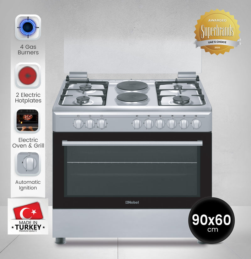 90 x 60 Electric & Gas Cooker, 4 Gas Burner, 2 Hot Plate, Electric Grill & Electric Oven, Made In Turkey - NGC9622-2