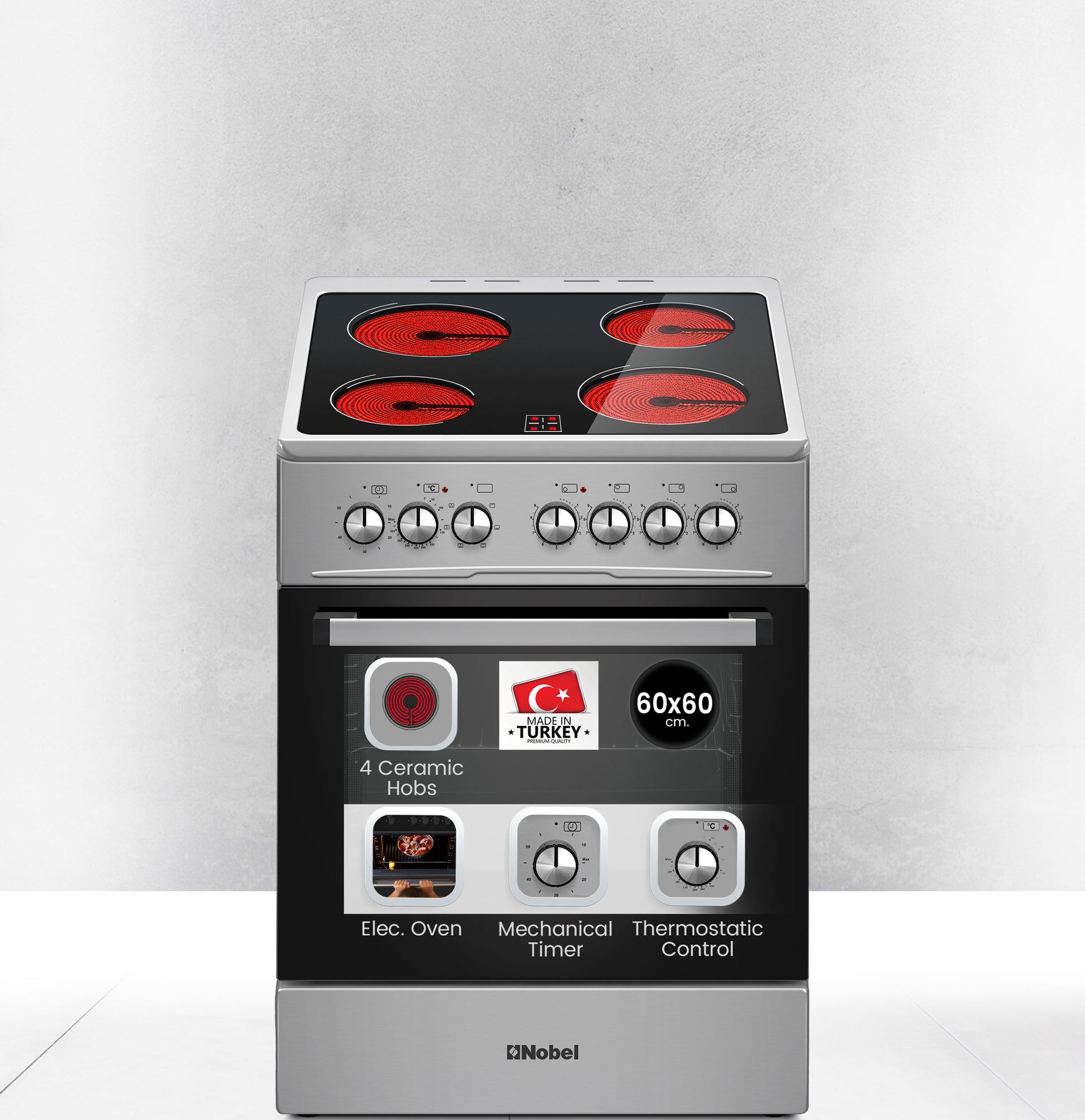 60x60cm Vitroceramic Cooking Range 4 Highlight Ceramic Heaters, 70L Electric Oven, 9 Power Levels, Turbo Fan, Mechanical Timer - NGC60VTI