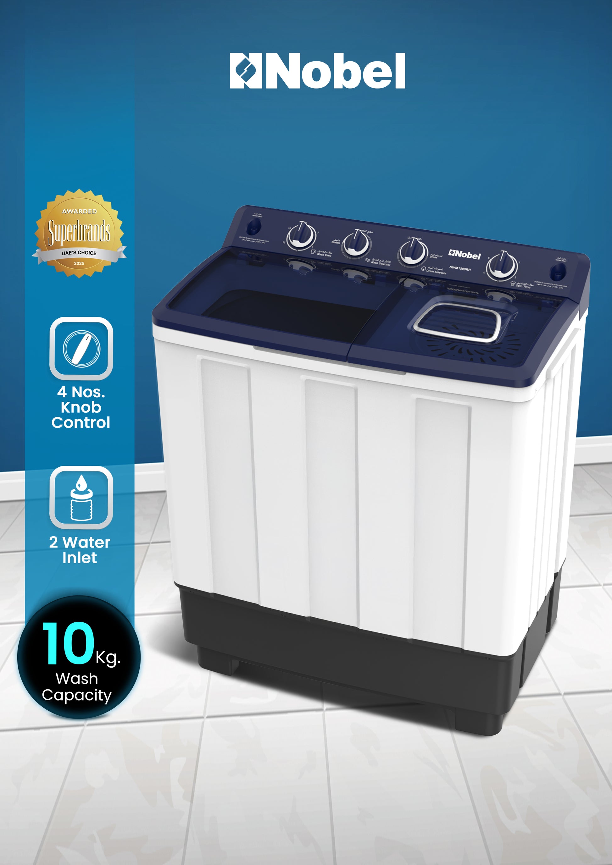 Nobel Semi-Automatic Washers Twin Tub White 10 Kgs/ 5.5 Kgs NWM1200RH-1