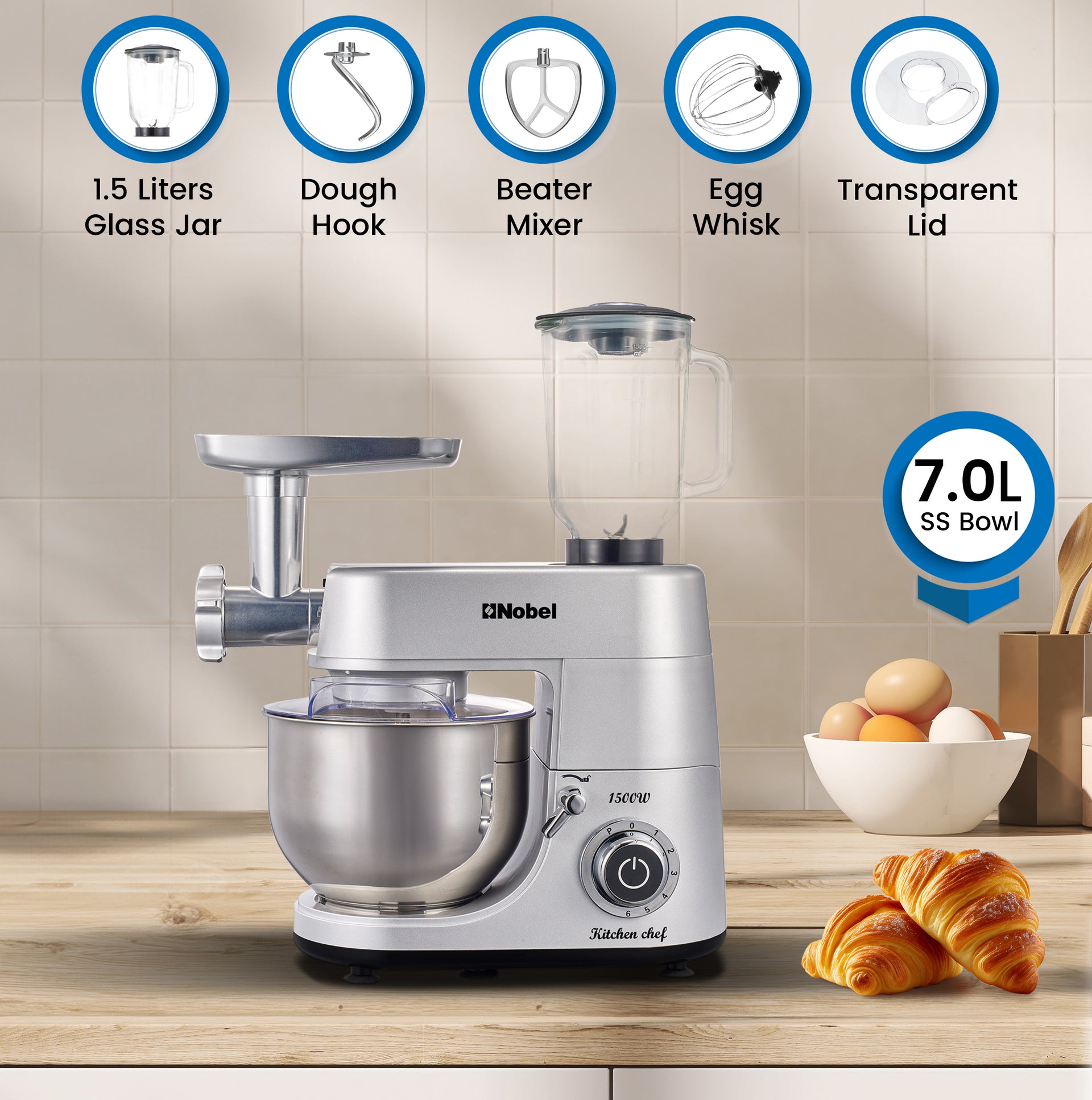 Nobel 3 in 1 Food Processor Multifunctional Stand Mixer with 7.0 L Stainless Steel Bowl & 1.5L Juicer Blender with 6 Speeds For A Variety Of Mixing Tasks NBM100S Silver