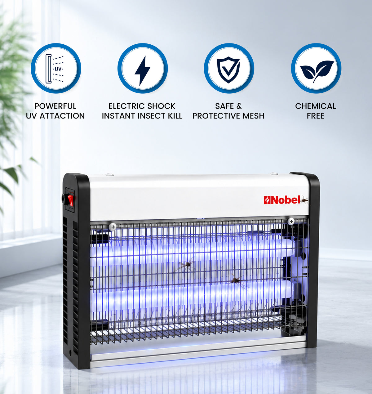 Nobel Ultra Slim Insect Killer Aluminium Alloy Housing Oil Proof Material, 80 Sq. M Area Coverage Insect Killer, 2 Element Aluminium Alloy 28W with Twin Tube NIK820 White 1 Year Warranty