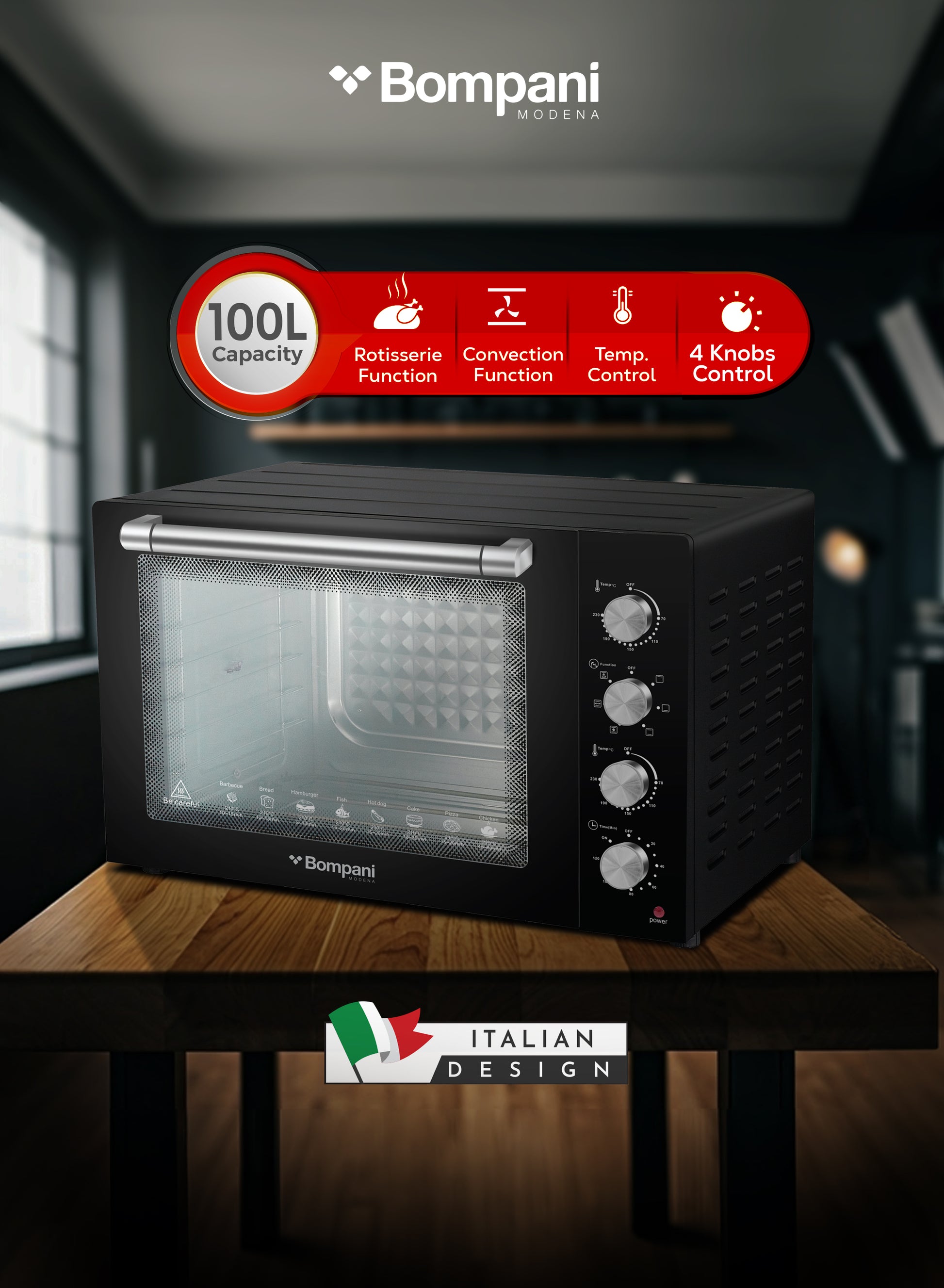 Bompani 100L Electric Oven 2800W Adjustable Thermostat & Timer, Convection, Lamp & Rotisserie, Double Glass Door, 4 Control Knobs, Straight & M-Shape Heating Elements – BEO120-1