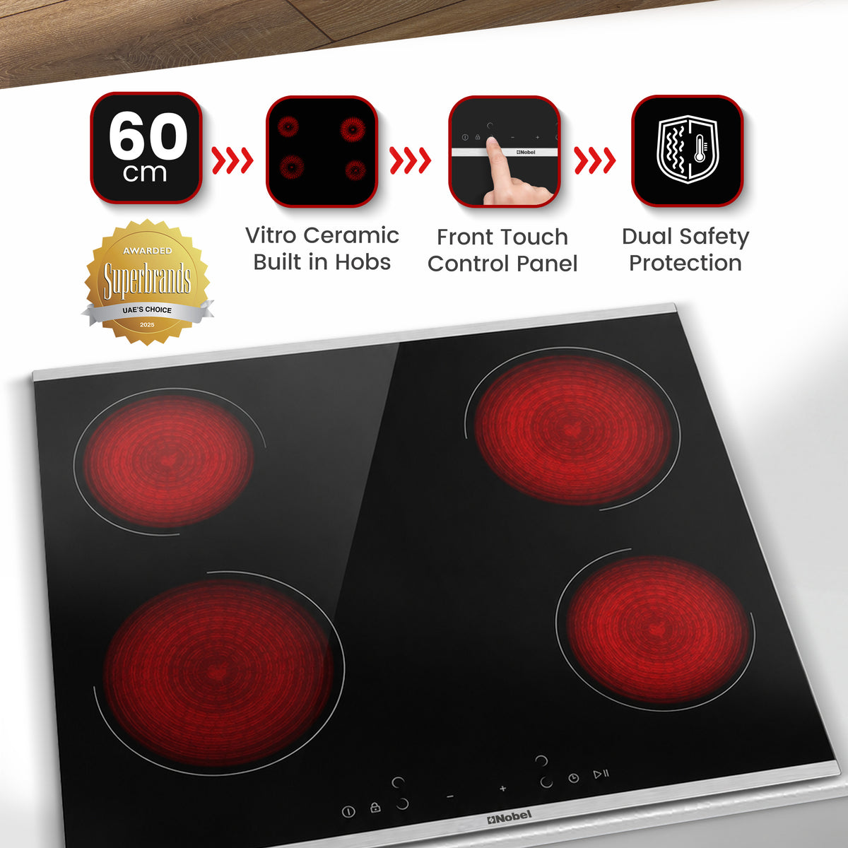 Nobel 60cm Built-in Hobs, Vitroceramic (Hilight), 4 Cooking Zones, 10 Power Levels, Touch Control, Child Safety Lock, Energy Saving, Heat Sensor, Quick Power Setting NBH6041V Black