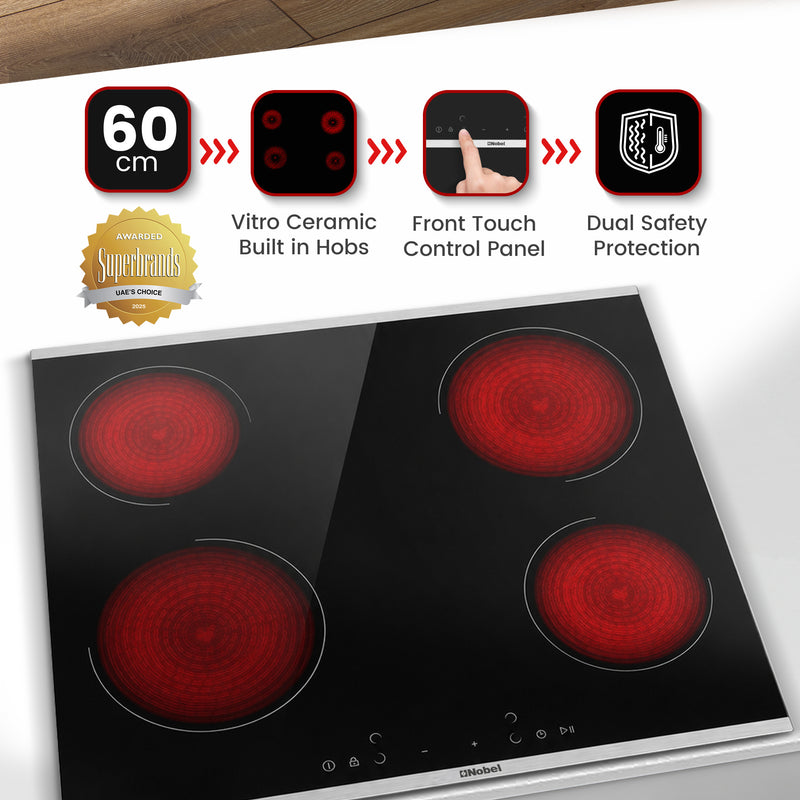 Nobel 60cm Built-in Hobs, Vitroceramic (Hilight), 4 Cooking Zones, 10 Power Levels, Touch Control, Child Safety Lock, Energy Saving, Heat Sensor, Quick Power Setting NBH6041V Black-2