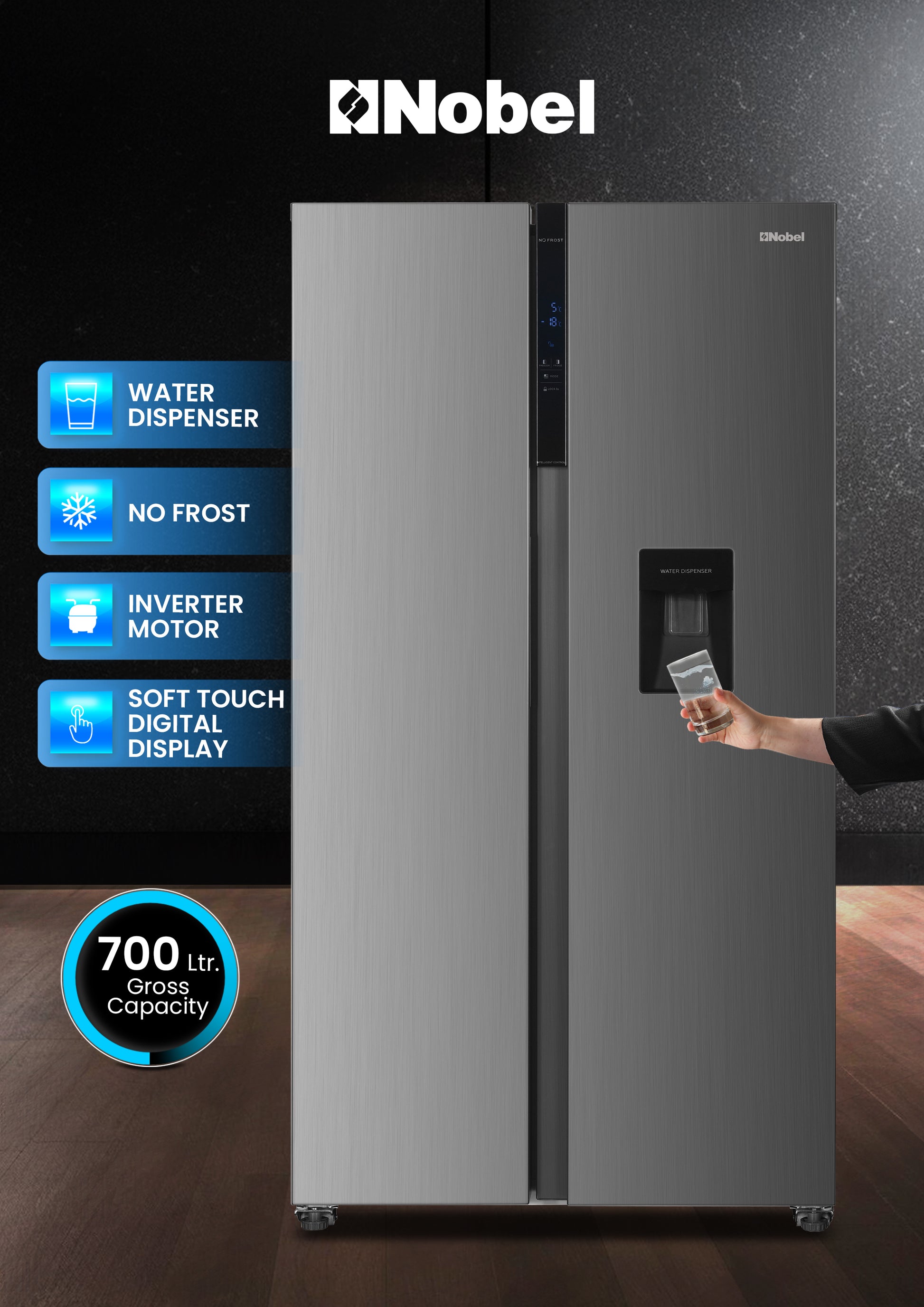 700L Gross / 518 Capacity Side by Side Refrigerator, NoFrost, with Water Dispenser, Twist Ice Maker, Digital Display - NR620WDI-1