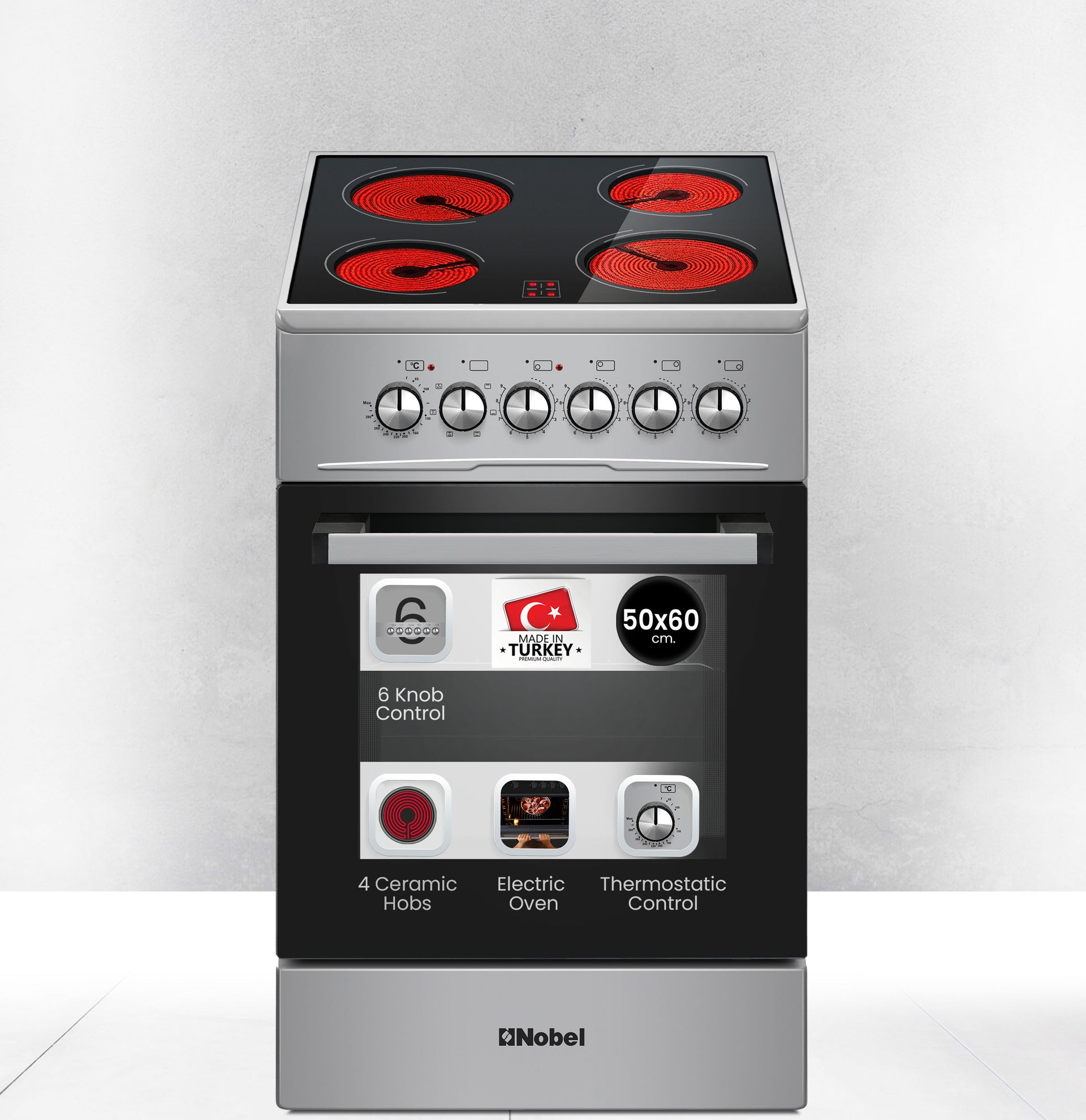 50×60cm Electric Cooking Range, 4-Zone Ceramic Hob, 58L Oven Capacity, 9 Power Levels, Thermostat Control,- NGC5060VT
