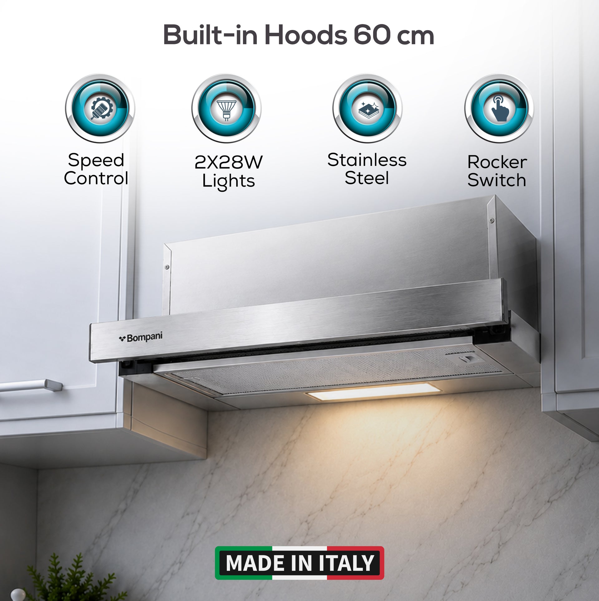 Bompani Builtin Hoods Stainless Steel 60Cm Slide Out Aluminium & Charcoal Filter BOCP603E