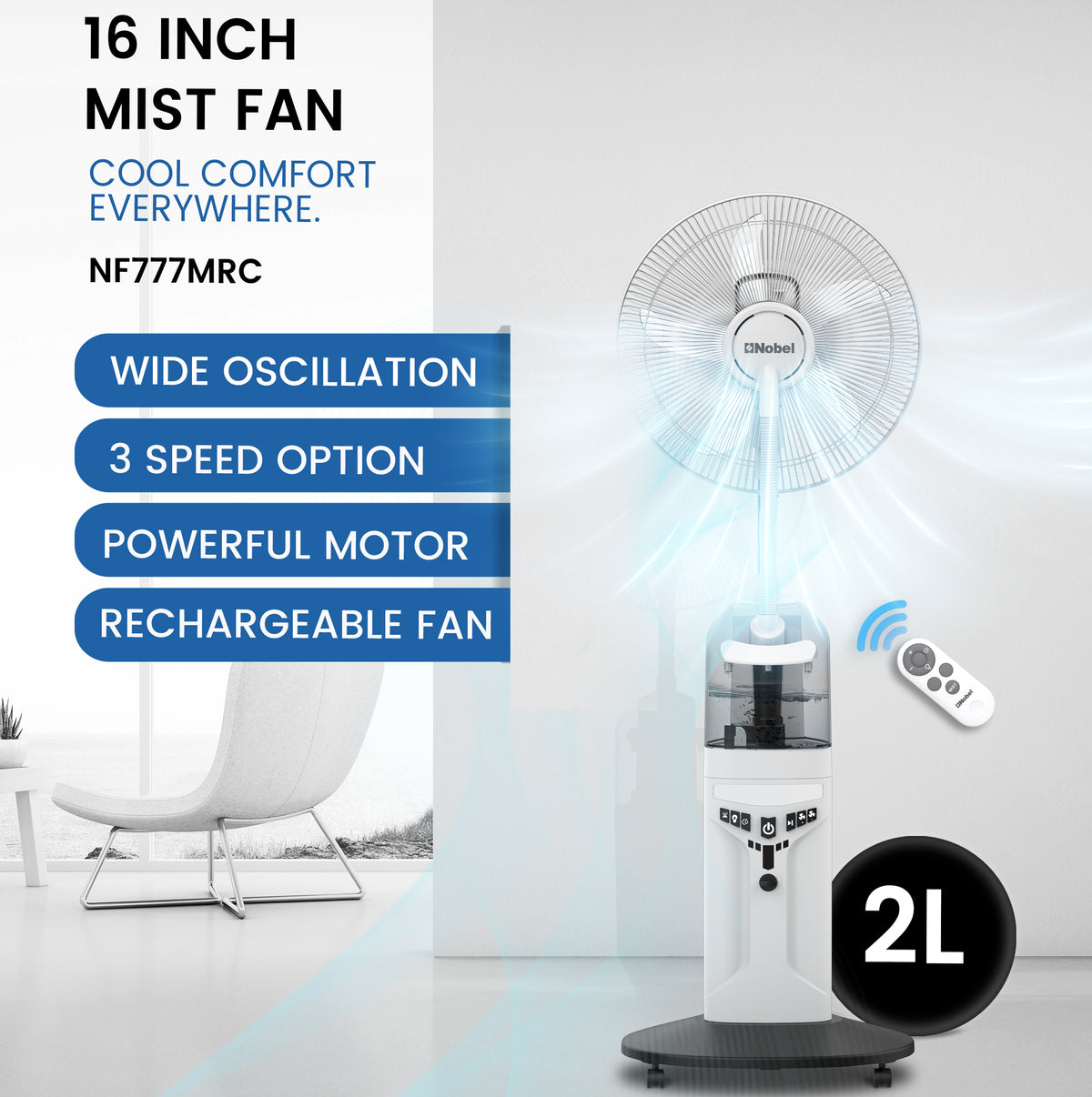 NOBEL Rechargeable Mist Fan White 16 inch Fan Blade NF777MRC