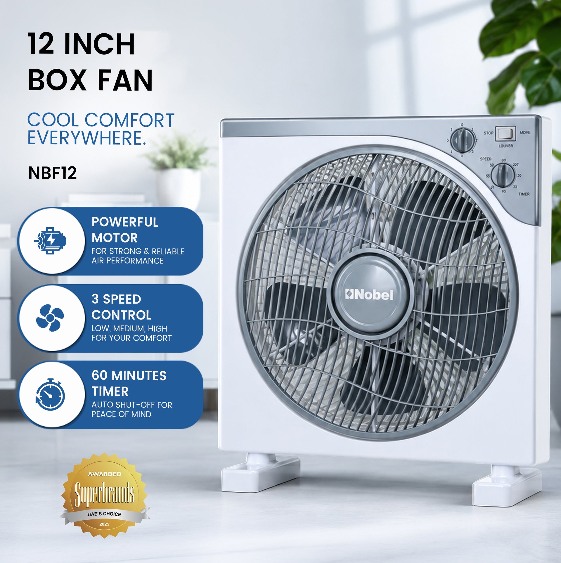 Nobel 12" Blade Box Fan, 3 Speed, Oscillation, Copper Motor, 5 Polypropylene Blade, 60-Minute Timer, Strong Airflow, Quiet Operation, 1200 RPM, 60W NBF12 White