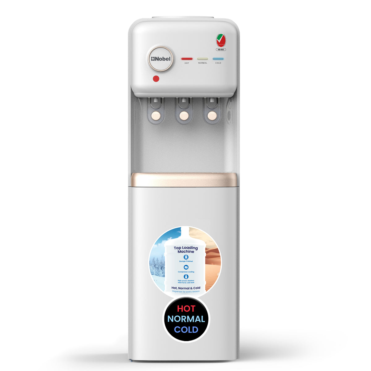 Nobel Freestanding 3 Taps Water Dispenser with Hot, Normal & Cold Taps, Compressor Cooling, Storage Cabinet - NWD1608 White