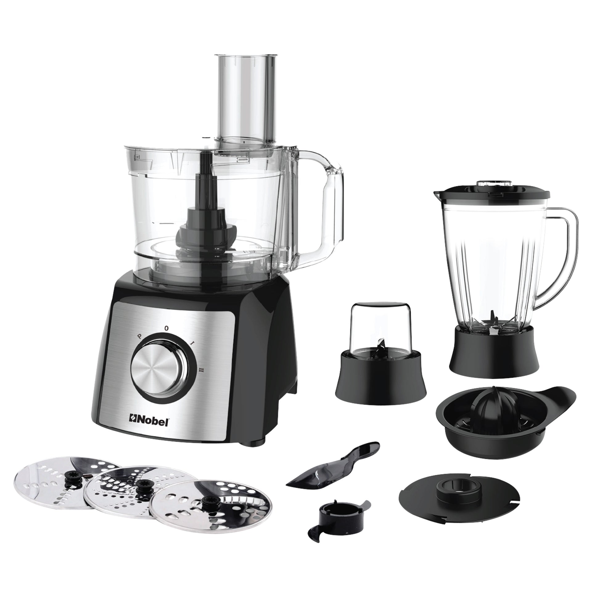 NOBEL 10 in 1 Juicer Food Factory 1.5 Litre 800W 2 Speed - Pulse 3 Cutting Plates Over Heat Protection Anti Slip Feet NFP777E Black with 1 Year Warranty