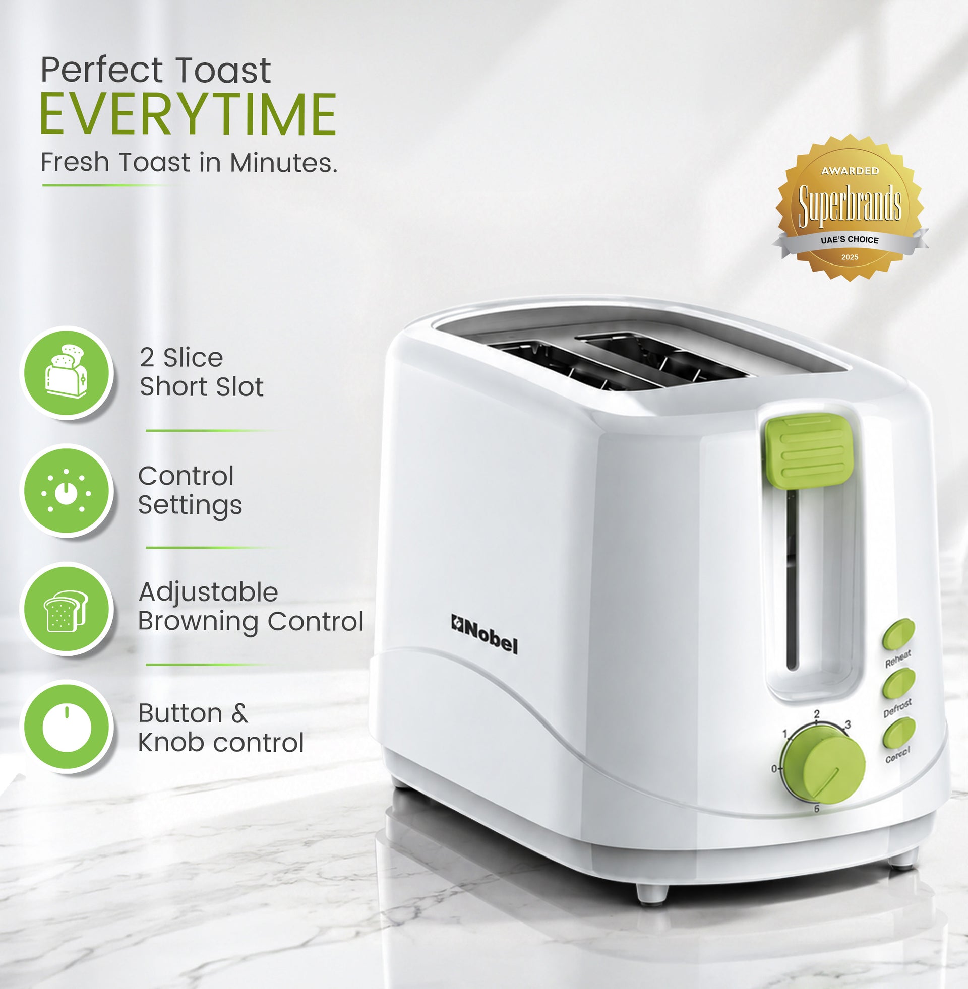 Nobel Sandwich Toaster 2 Slice Short Slot, Cord Storage, Cool-Touch, Adjustable Browning Control, 7 Settings, Cancel/Reheat/Defrost Function, Removable Crumb Tray NST2TI White