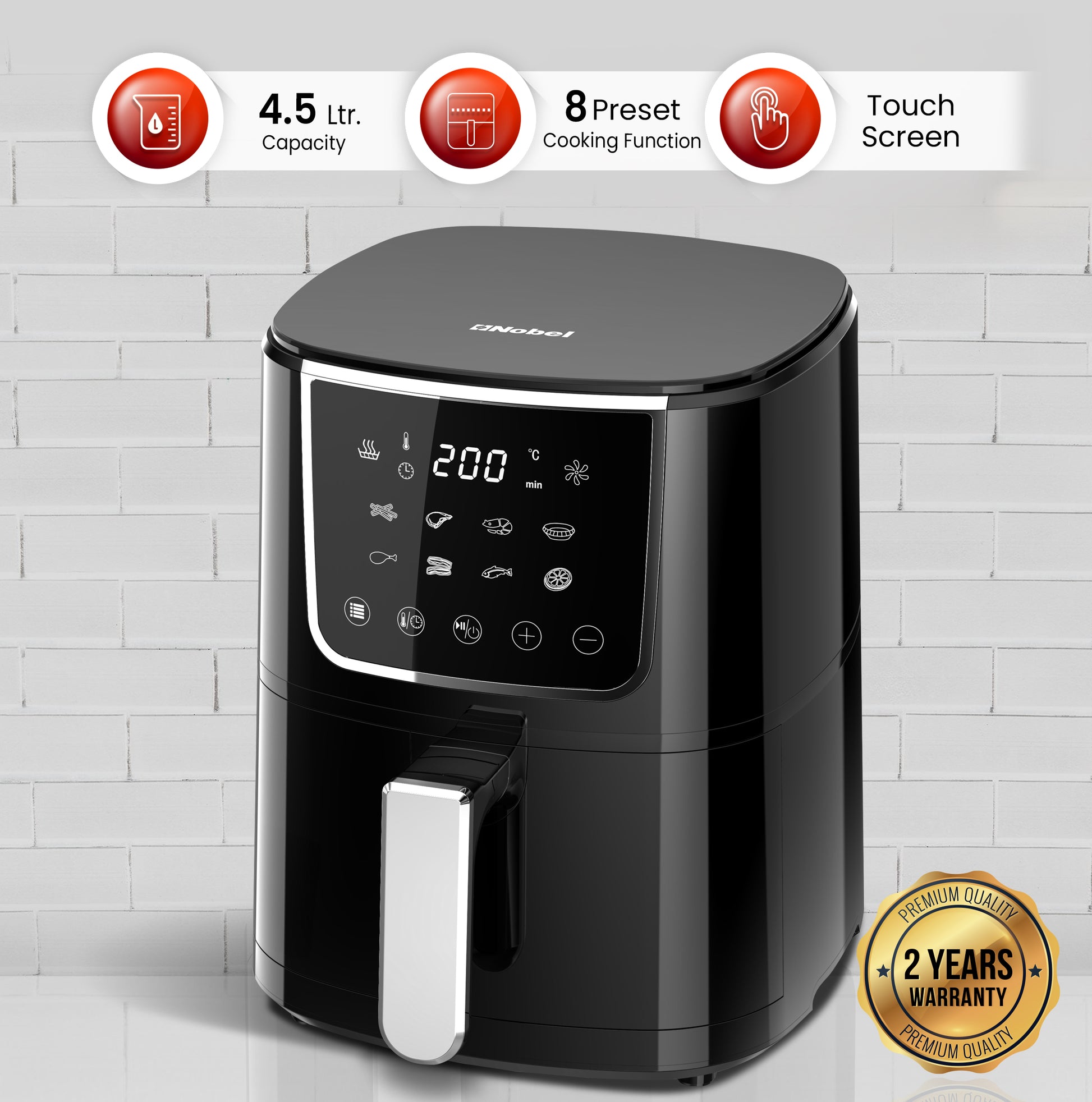 Nobel Air Fryer 4L Capacity, Multifunctional Fryer with Delay Function, Overheat Prevention, Digital Touch, 8 Preset Programs, High-Speed Air Circulation, Non-Stick (1400W) NAF600 Black-1