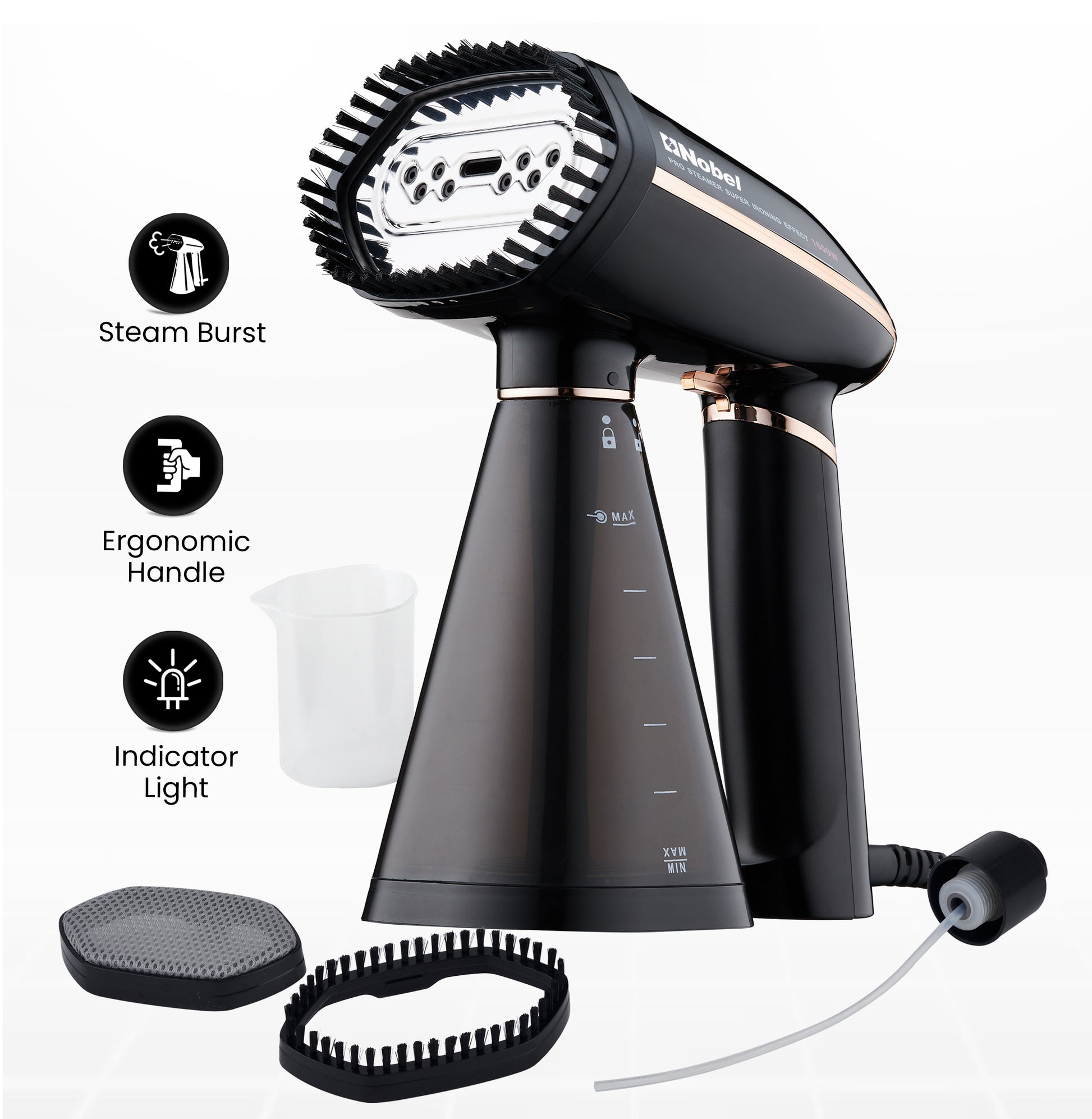 Nobel Steam Iron, Stainless Steel Panel, Detachable Water Tank, Steam Brush, 360° Rotational Swivel Handgrip, Pilot Light, Folded Handle, LED Indicator Lights, Auto-shut Off NSI33 Black-1