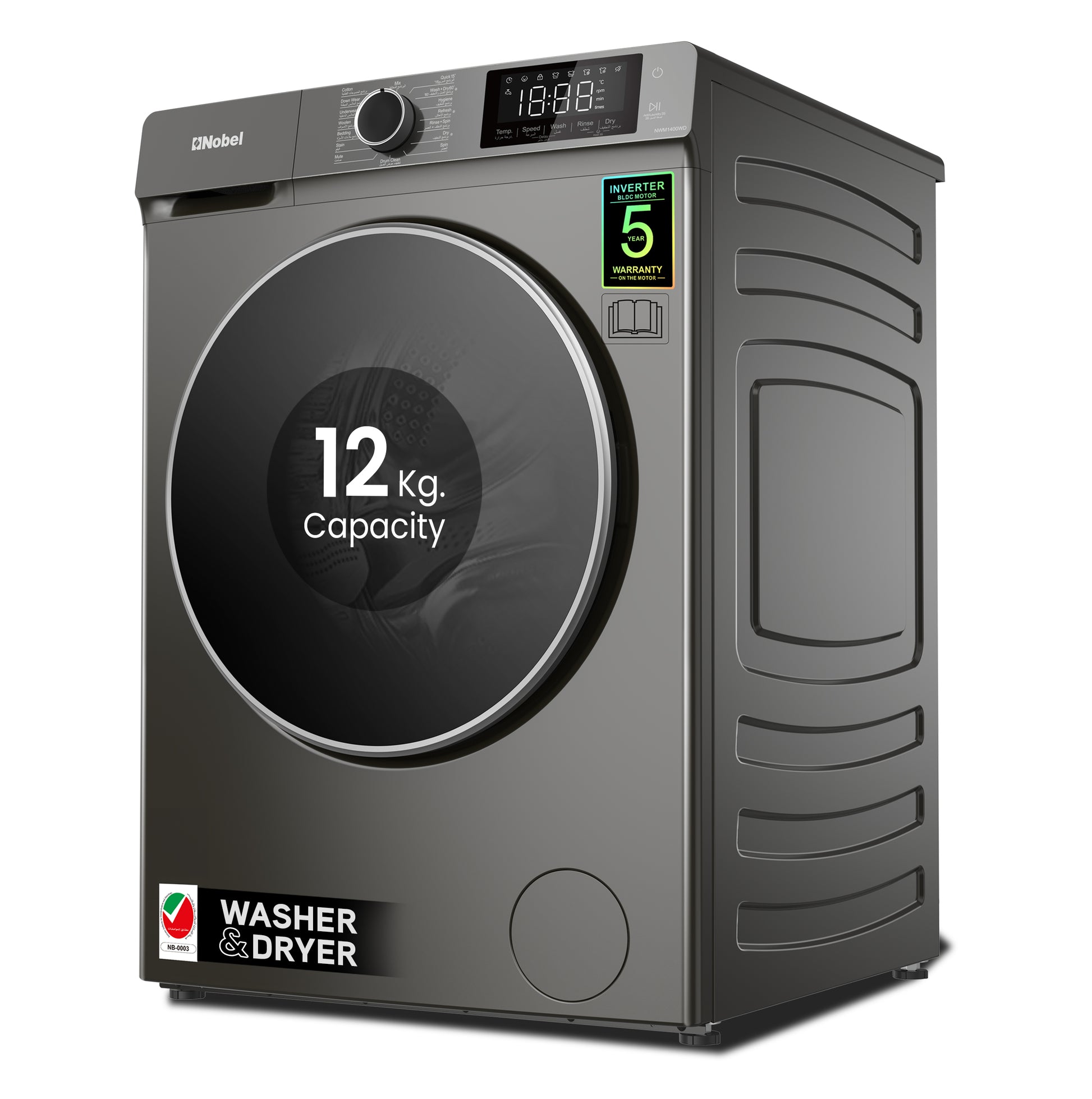 Front Load Washer-Dryer 12 KG Capacity, Dial Touch Control Panel with LED Screen - NWM1400WD-1