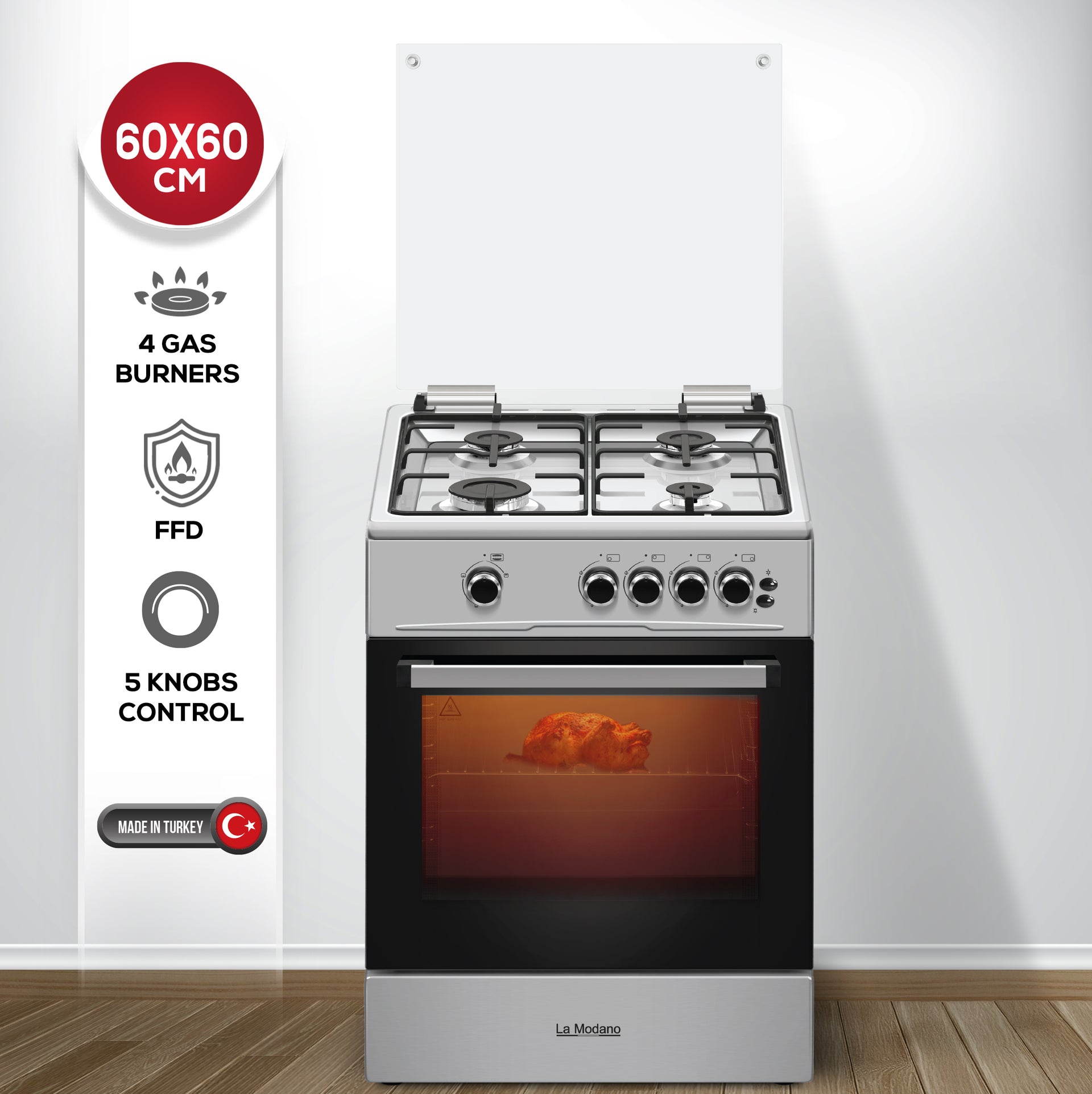 60x60 cm Gas Cooker with 72L Oven Cavity, 4 Gas Burners, Grill & Oven Burner - LMC6600