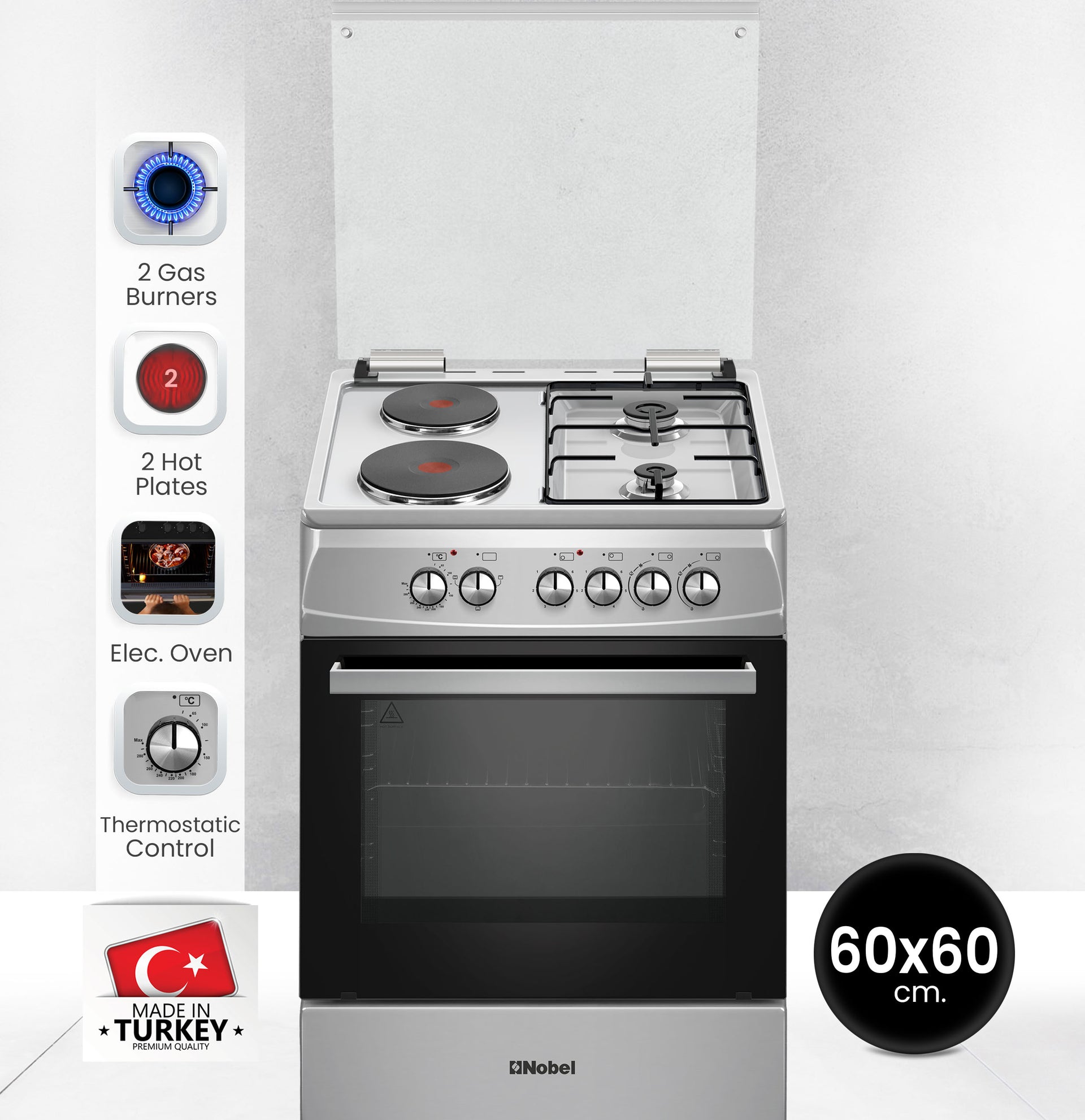 60x60 Cooking Range with 2 Gas Burners & 2 Electric Hotplates, 70L Electric Oven, Made in Turkey – NGC7222I