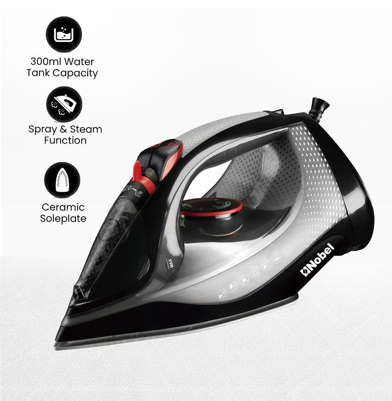 Nobel Steam Iron, Dry Ironing, Spray & Steam Function, Powerful Burst & Vertical Steam, Adjustable Control, 360° Swivel Cord Guard, Overheat Safety, Indicator Light, 300ml Water Tank NSI30 Black-1