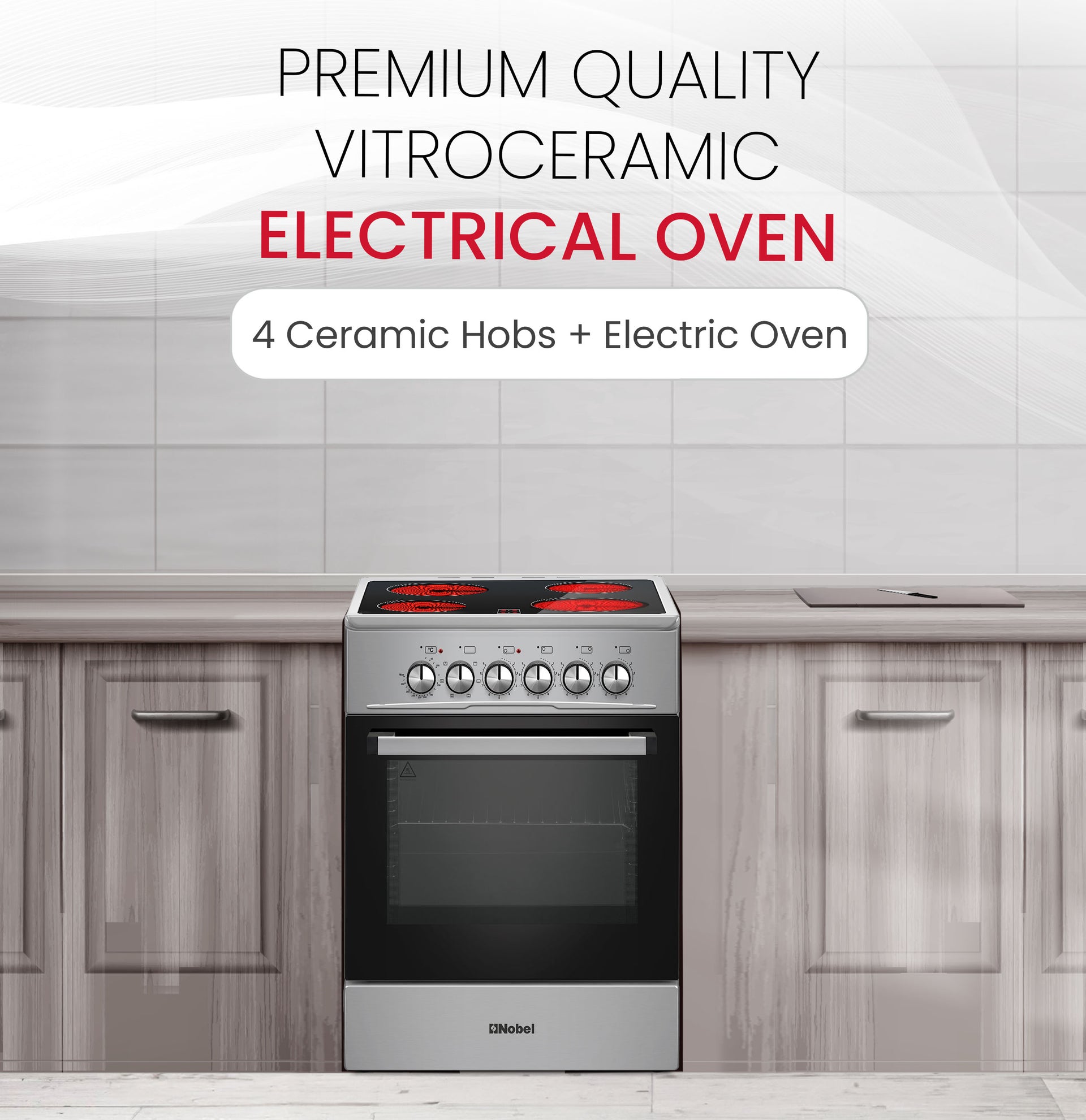 50×60cm Electric Cooking Range, 4-Zone Ceramic Hob, 58L Oven Capacity, 9 Power Levels, Thermostat Control,- NGC5060VT