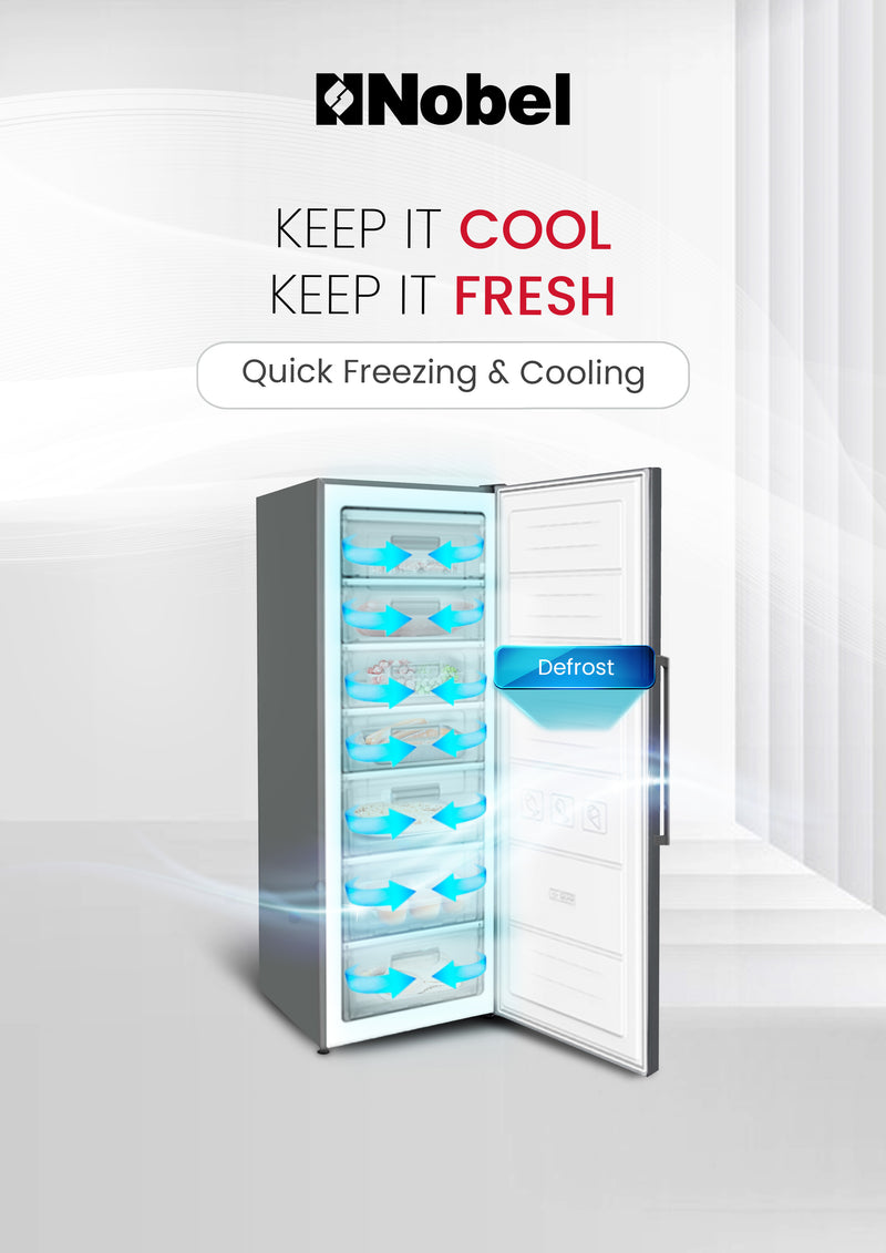 Nobel Single Door Upright Freezer 300 Litres Gross, 235 Litres Net Capcity, Defrost, 7 Drawers, 1 Ice Box, Lock & Key, R600a, 59.6 x 59.5 x 174.4 (W x D x H) cm, Silver, NUF350-2