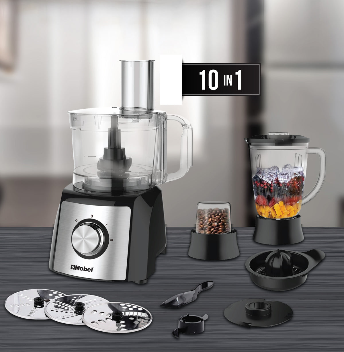 NOBEL 10 in 1 Juicer Food Factory 1.5 Litre 800W 2 Speed - Pulse 3 Cutting Plates Over Heat Protection Anti Slip Feet NFP777E Black with 1 Year Warranty