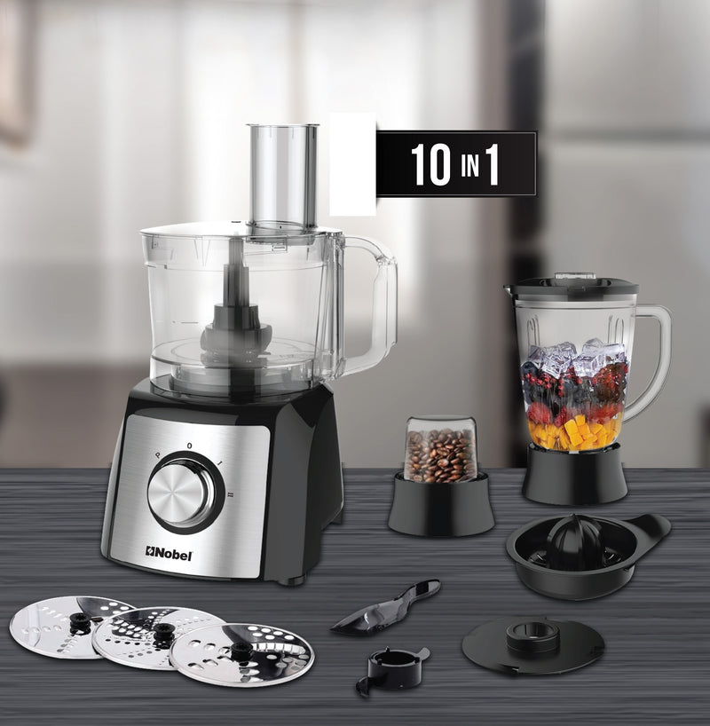 NOBEL 10 in 1 Juicer Food Factory 1.5 Litre 800W 2 Speed - Pulse 3 Cutting Plates Over Heat Protection Anti Slip Feet NFP777E Black with 1 Year Warranty-2