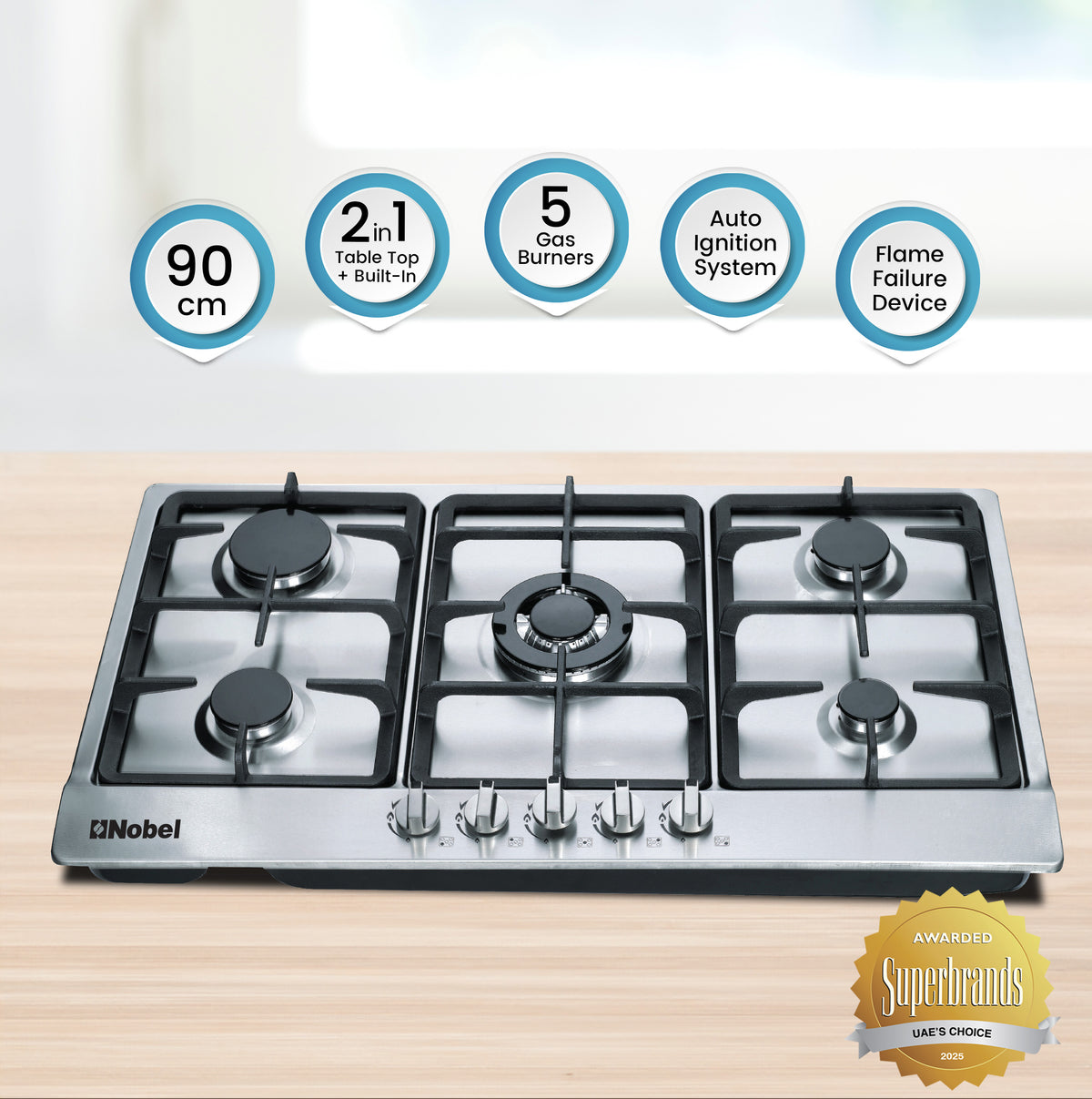 Nobel Gas Hobs Stainless Steel 90 Cm 5 Gas Burners Ffd NBH9501