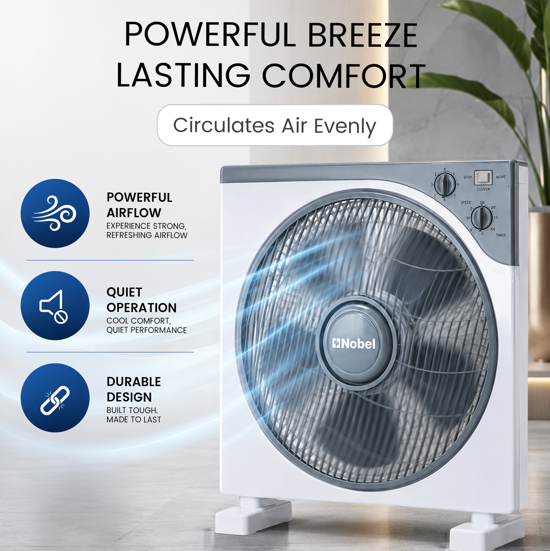 Nobel 12" Blade Box Fan, 3 Speed, Oscillation, Copper Motor, 5 Polypropylene Blade, 60-Minute Timer, Strong Airflow, Quiet Operation, 1200 RPM, 60W NBF12 White