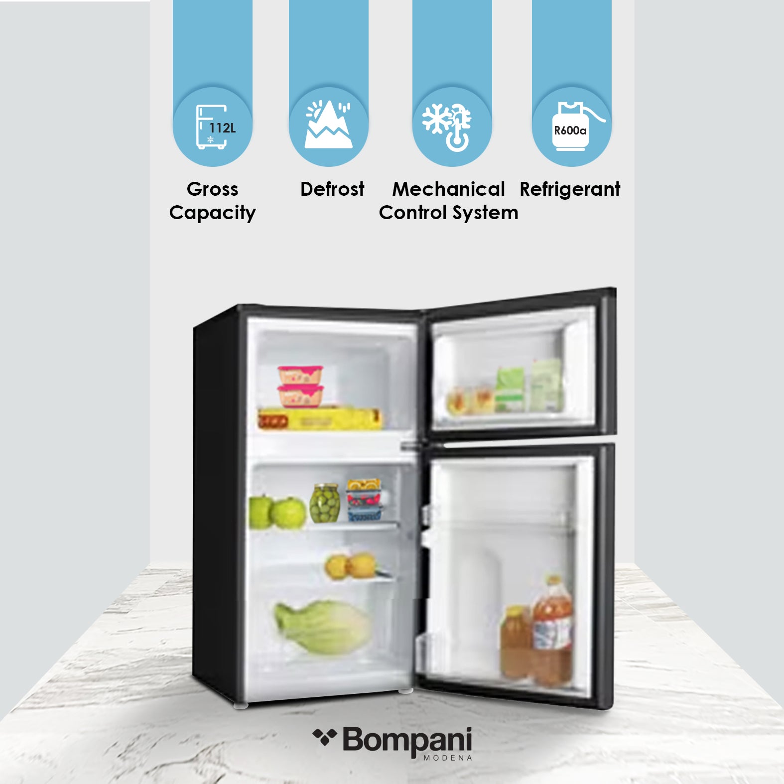 Bompani Double Door Refrigerator  112 Liter Black Model - BR100SS-2