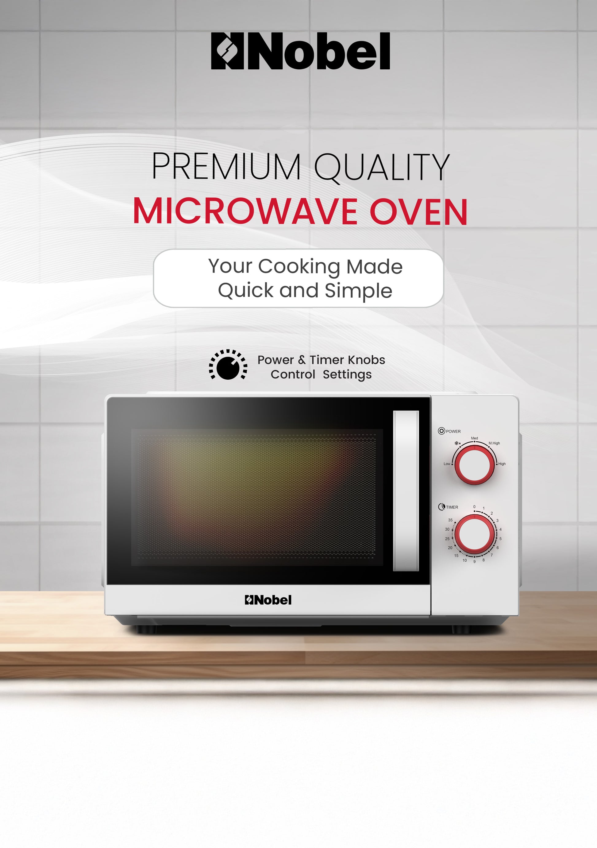 Nobel 20 Liters Capacity Microwave Oven, Knobs Control, 35mins Setting Time, 5 Power Levels, Cooking End Signal, Defrost Setting with 1Year Warranty NMO22M White-2