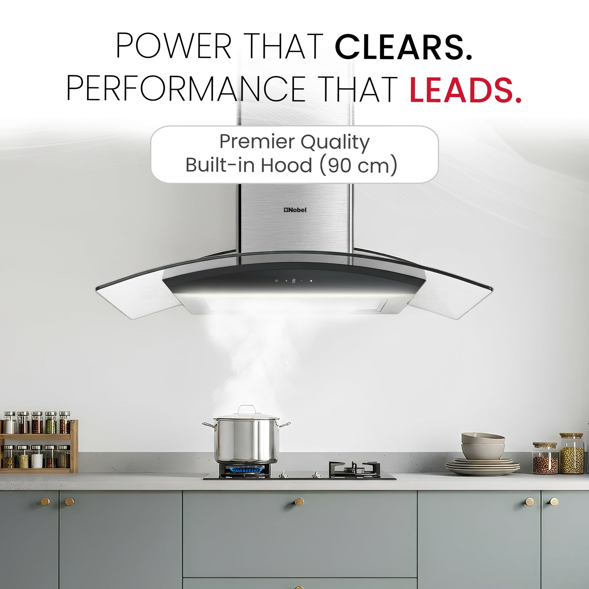 Nobel 60cm Built-in Hoods Touch Control Switch with Digital Display with 3 Speeds, Metal Motor House And Metal Fan, 750m3/h. 2x500 430SS Chimneys NCH60CG