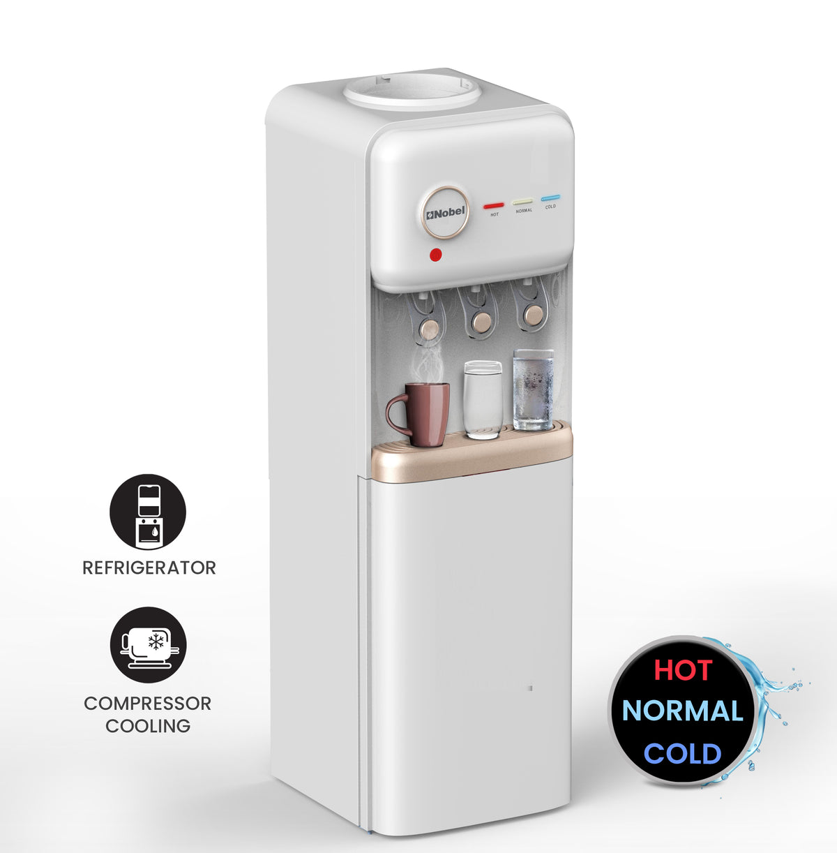 Nobel Freestanding 3 Tap Water Dispenser with Hot, Normal & Cold Taps, Refrigerator, 670W Power - NWD1608R White