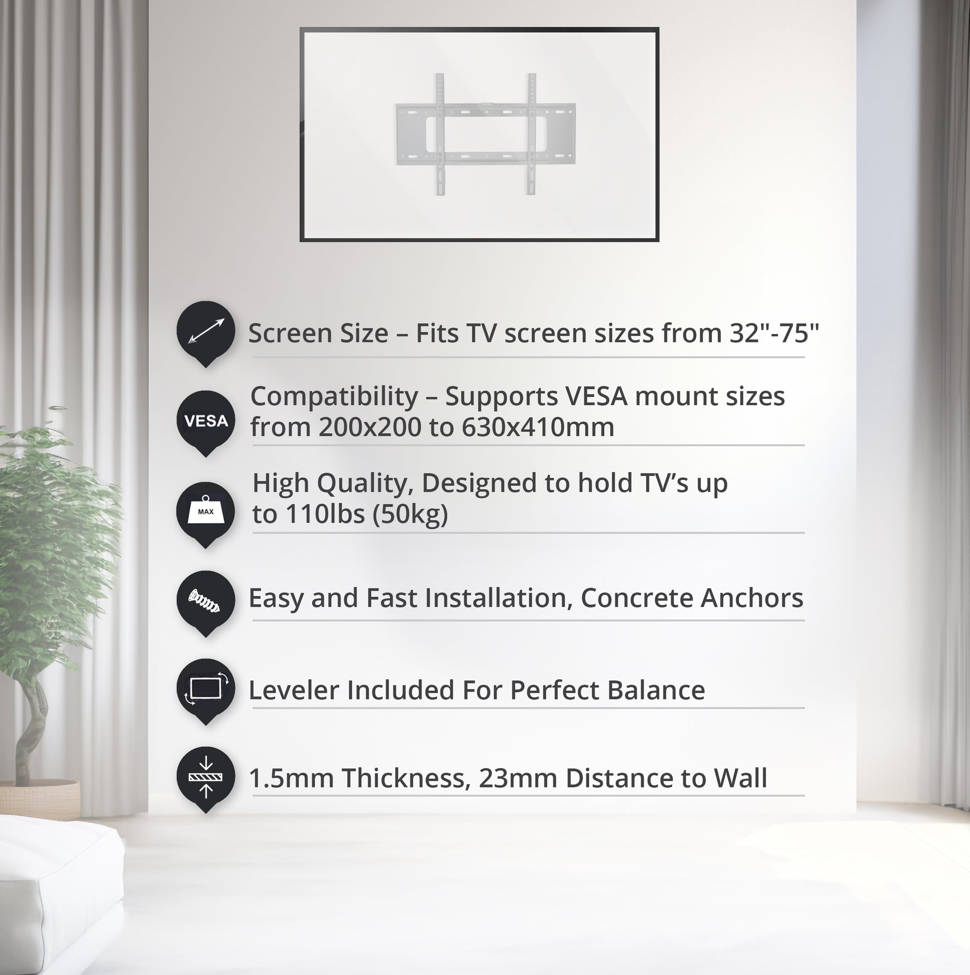 Bracket Pro Fixed TV Mount 32"-75" Fits VESA 200x200mm to 630x410mm, 1.5mm Thickness - Sturdy TV Wall Mount for Medium to Large Screens BPF3275 Black-6