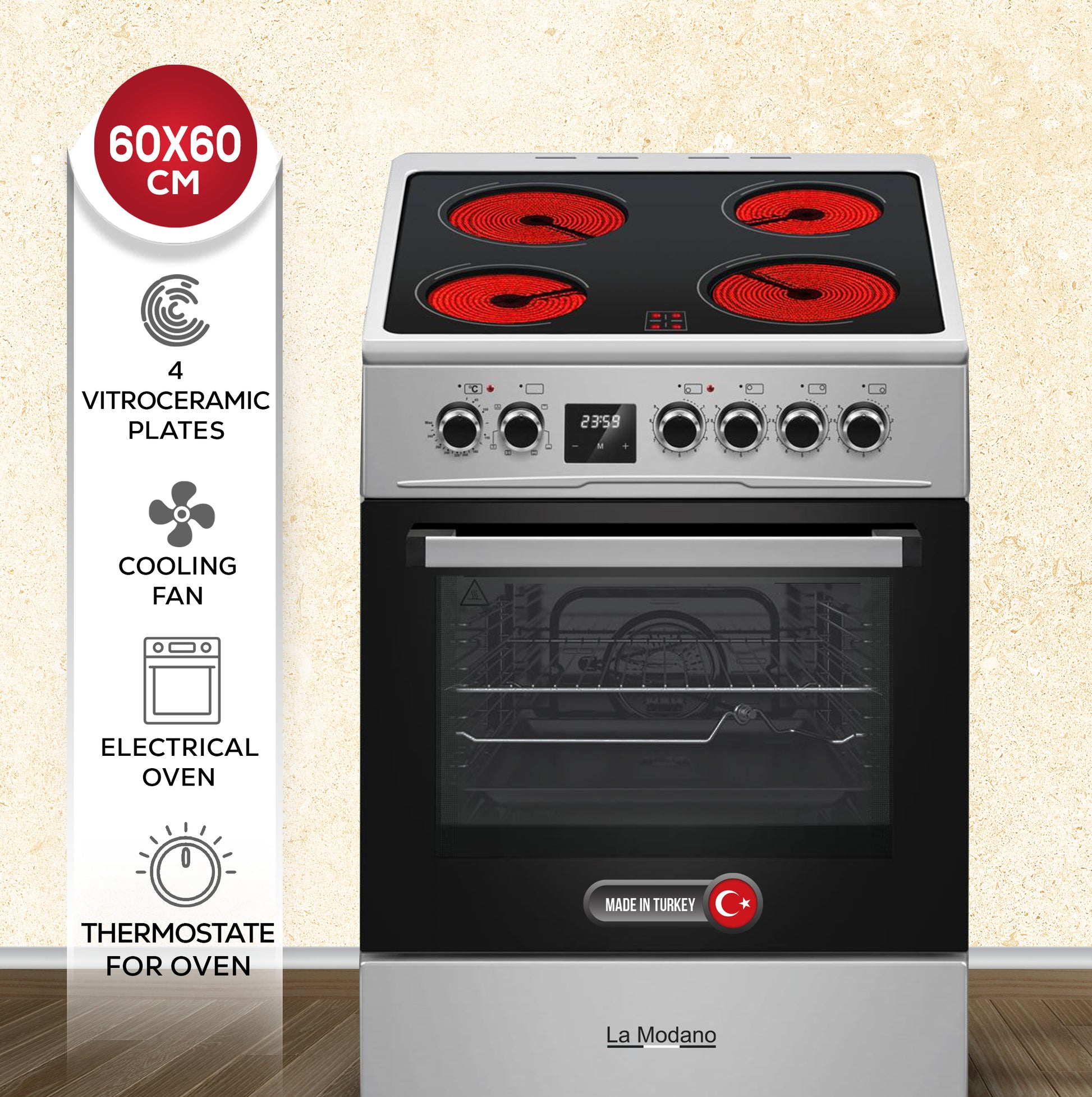 60x60 cm Vitroceramic Electric Cooker, 4 Highlight Ceramic Heaters, Free-Standing Oven, Turbo Fan, Double Glass Door - LMC60VT-2