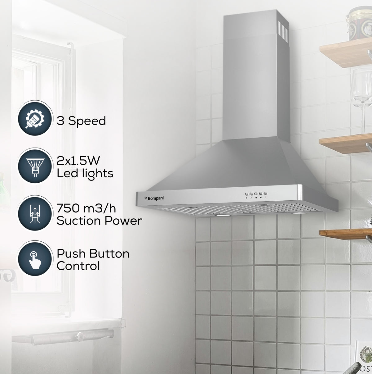 Bompani Builtin Hoods Stainless Steel 60Cm Decorative CHIMNEY60ST-2