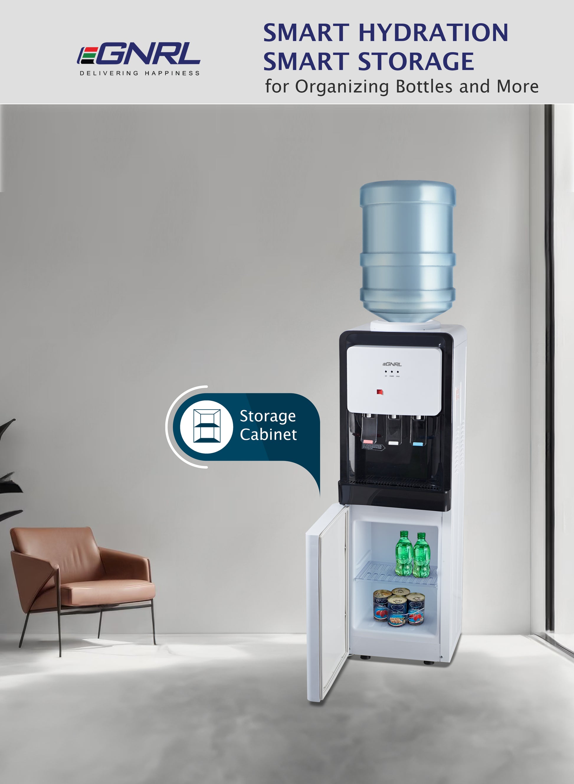 EGNRL EGWD1715 3-Taps Free Standing Water Dispenser, R134a, Equipped with Hot, Ambient and Cold Temperature, and Storage Cabinet, Child Safety Lock |Best for Home Kitchen & Office| White-2