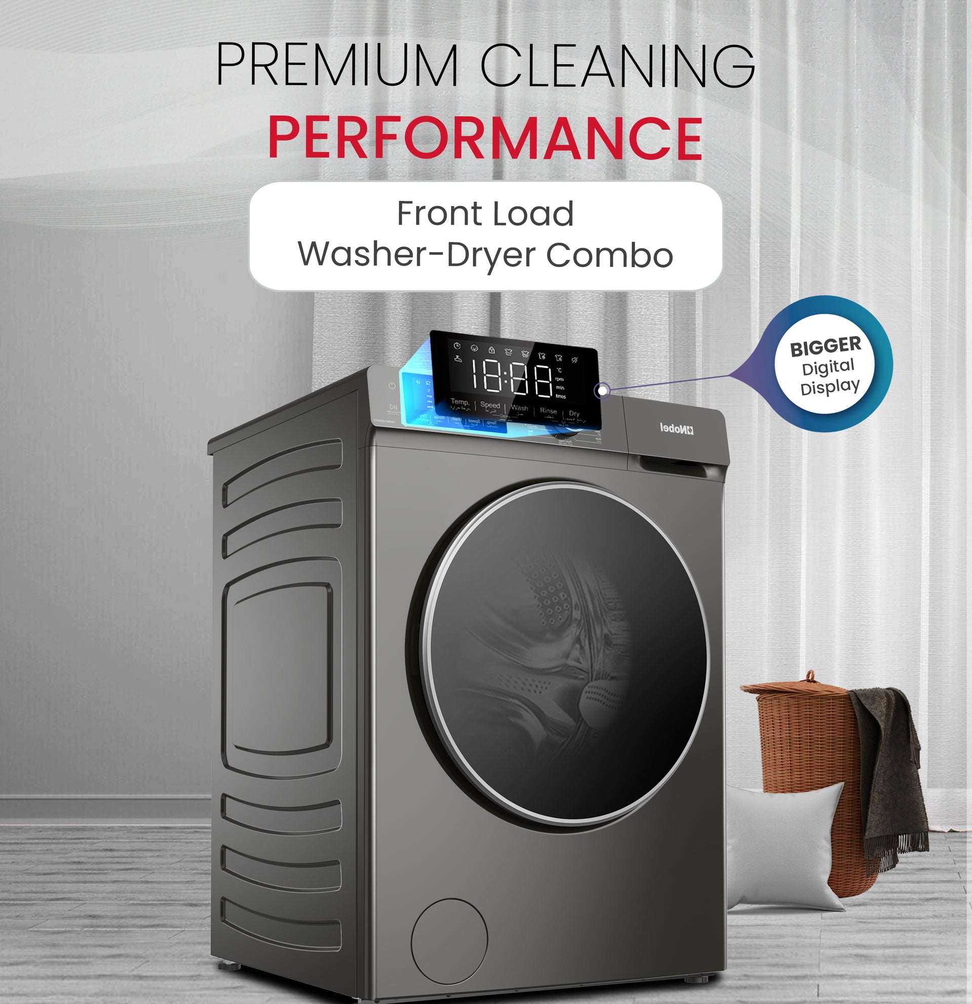 Front Load Washer-Dryer 12 KG Capacity, Dial Touch Control Panel with LED Screen - NWM1400WD