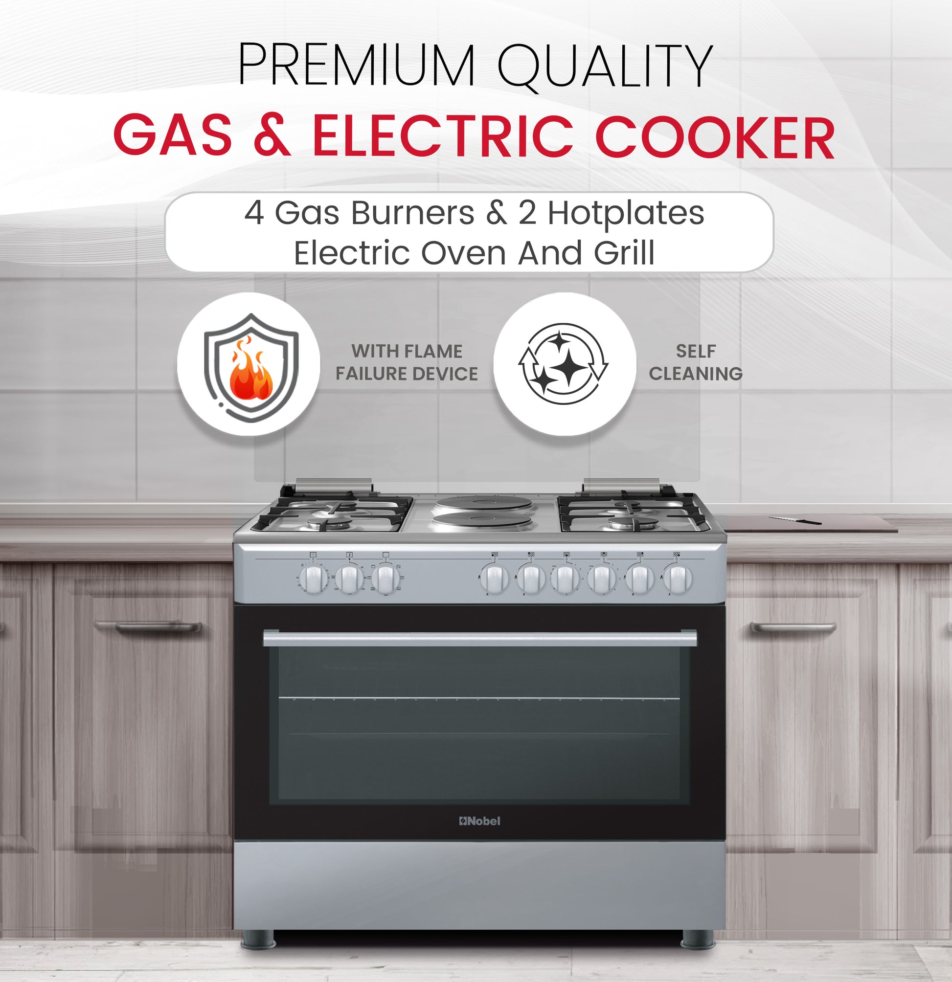 90 x 60 Electric & Gas Cooker, 4 Gas Burner, 2 Hot Plate, Electric Grill & Electric Oven, Made In Turkey - NGC9622-3