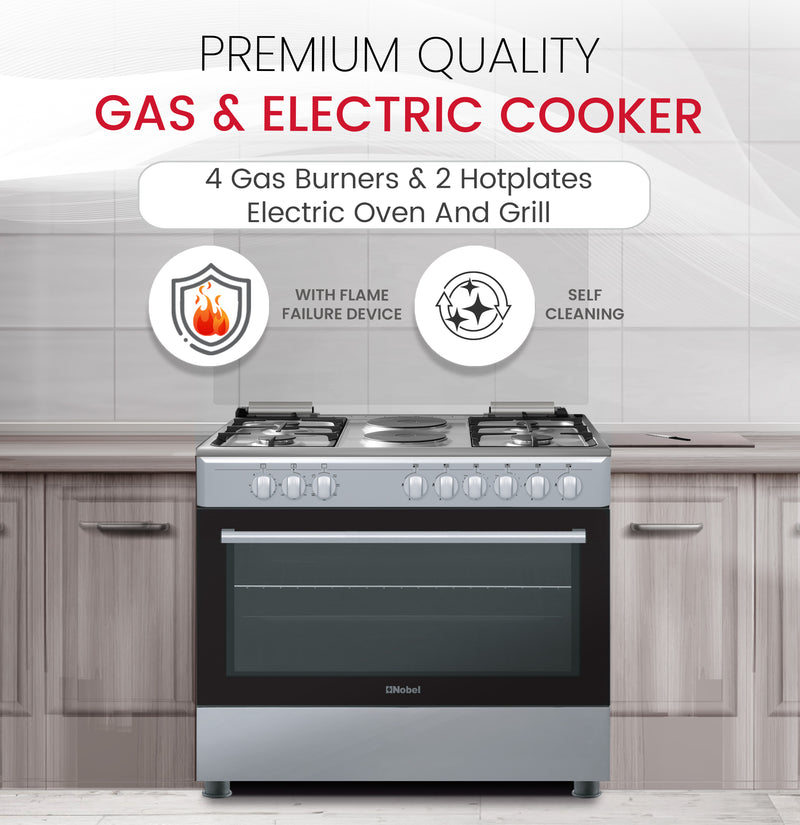 90 x 60 Electric & Gas Cooker, 4 Gas Burner, 2 Hot Plate, Electric Grill & Electric Oven, Made In Turkey - NGC9622-3