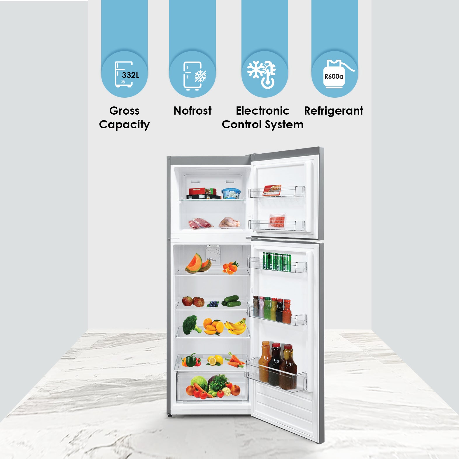 Bompani Double Door Refrigerators Inox 332 Ltrs No Frost Recessed Handle R600A Inside Condenser BR400SS-2