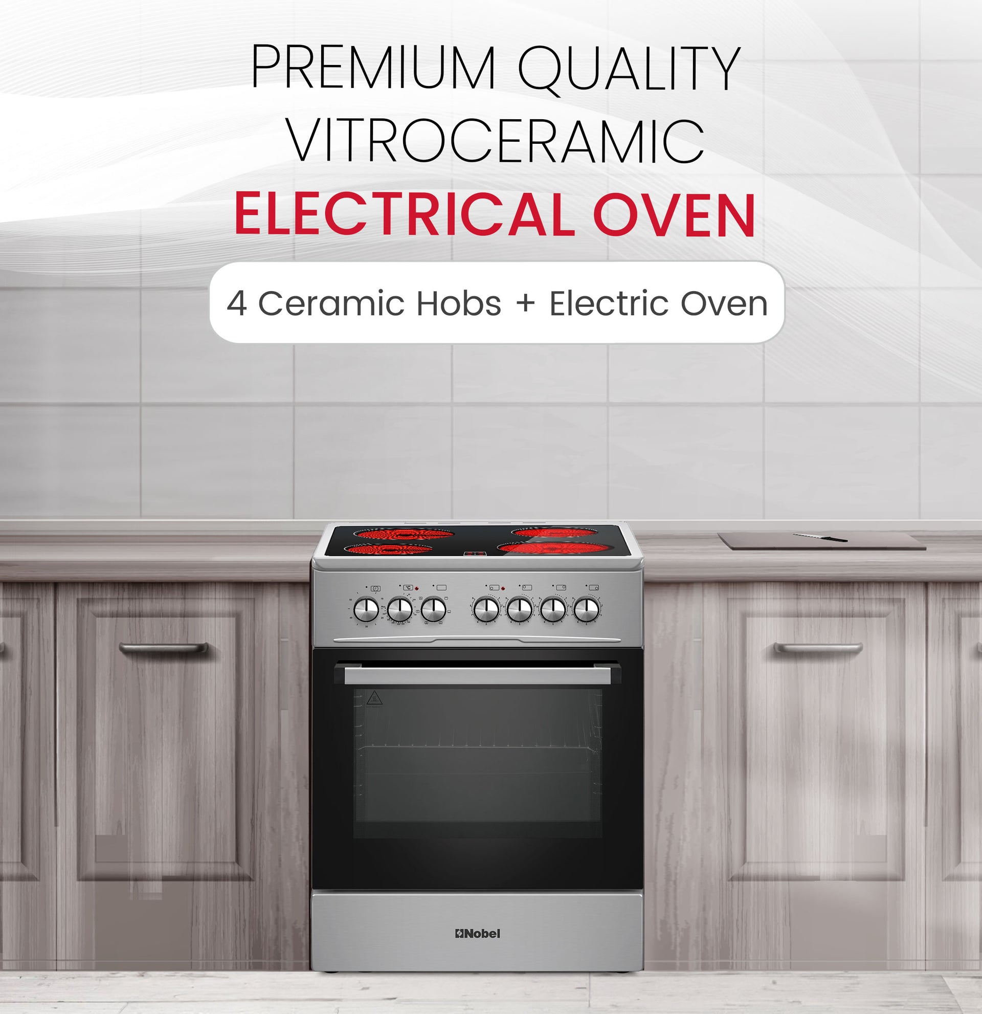 60x60cm Vitroceramic Cooking Range 4 Highlight Ceramic Heaters, 70L Electric Oven, 9 Power Levels, Turbo Fan, Mechanical Timer - NGC60VTI