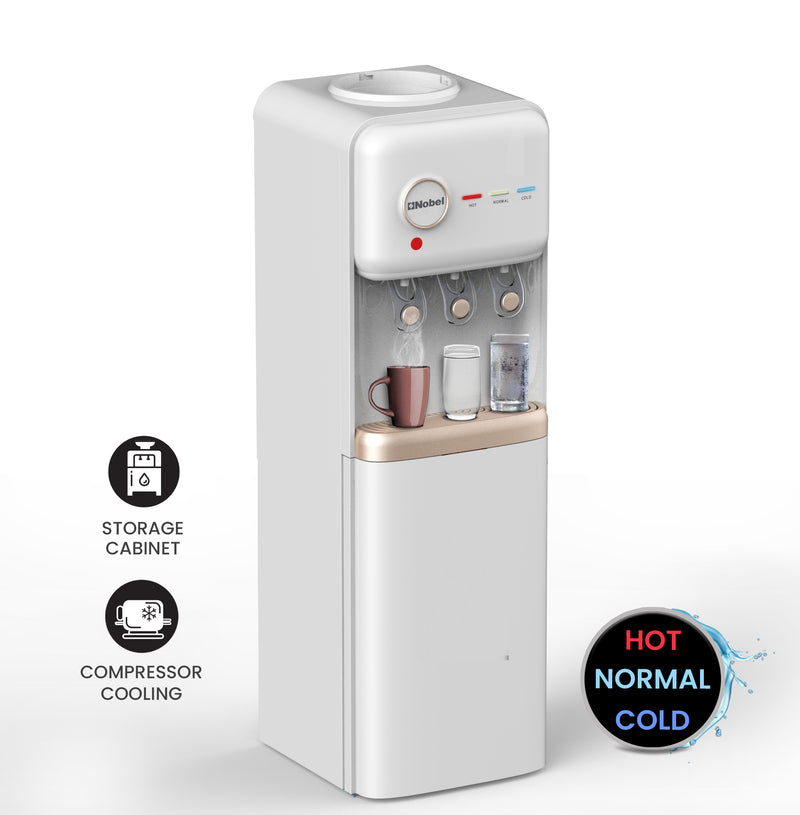Nobel Freestanding 3 Taps Water Dispenser with Hot, Normal & Cold Taps, Compressor Cooling, Storage Cabinet - NWD1608 White-2