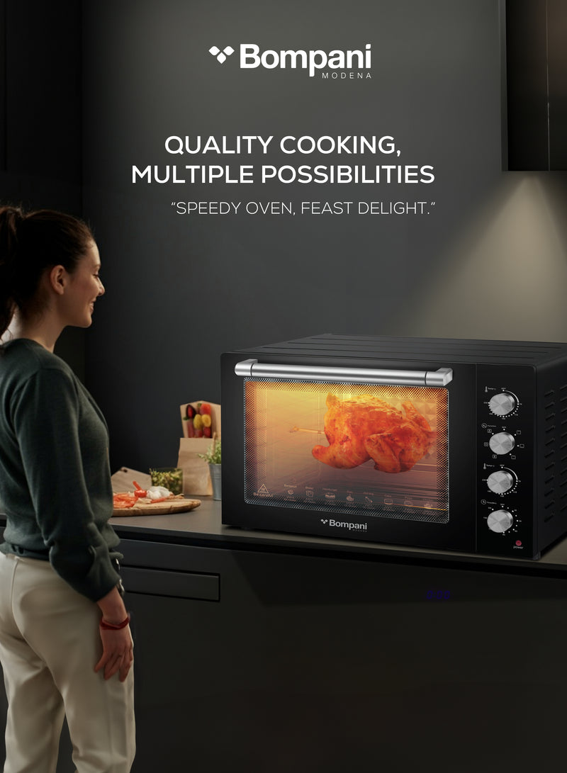 Bompani 100L Electric Oven 2800W Adjustable Thermostat & Timer, Convection, Lamp & Rotisserie, Double Glass Door, 4 Control Knobs, Straight & M-Shape Heating Elements – BEO120-2