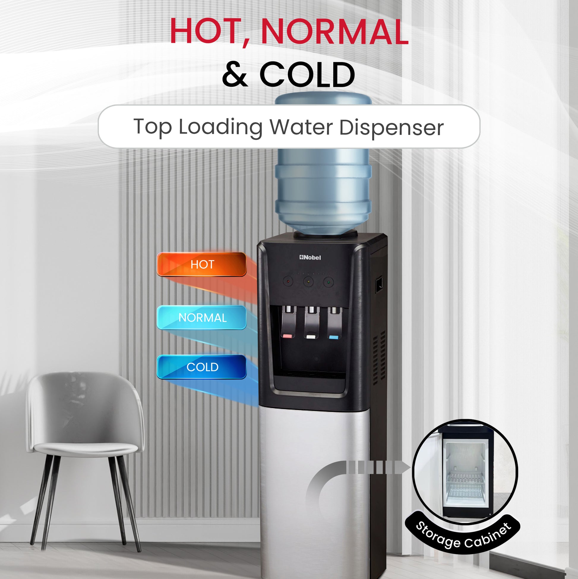 Nobel 3 Tap Top Load Water Dispenser Black and Silver NWD1607-2