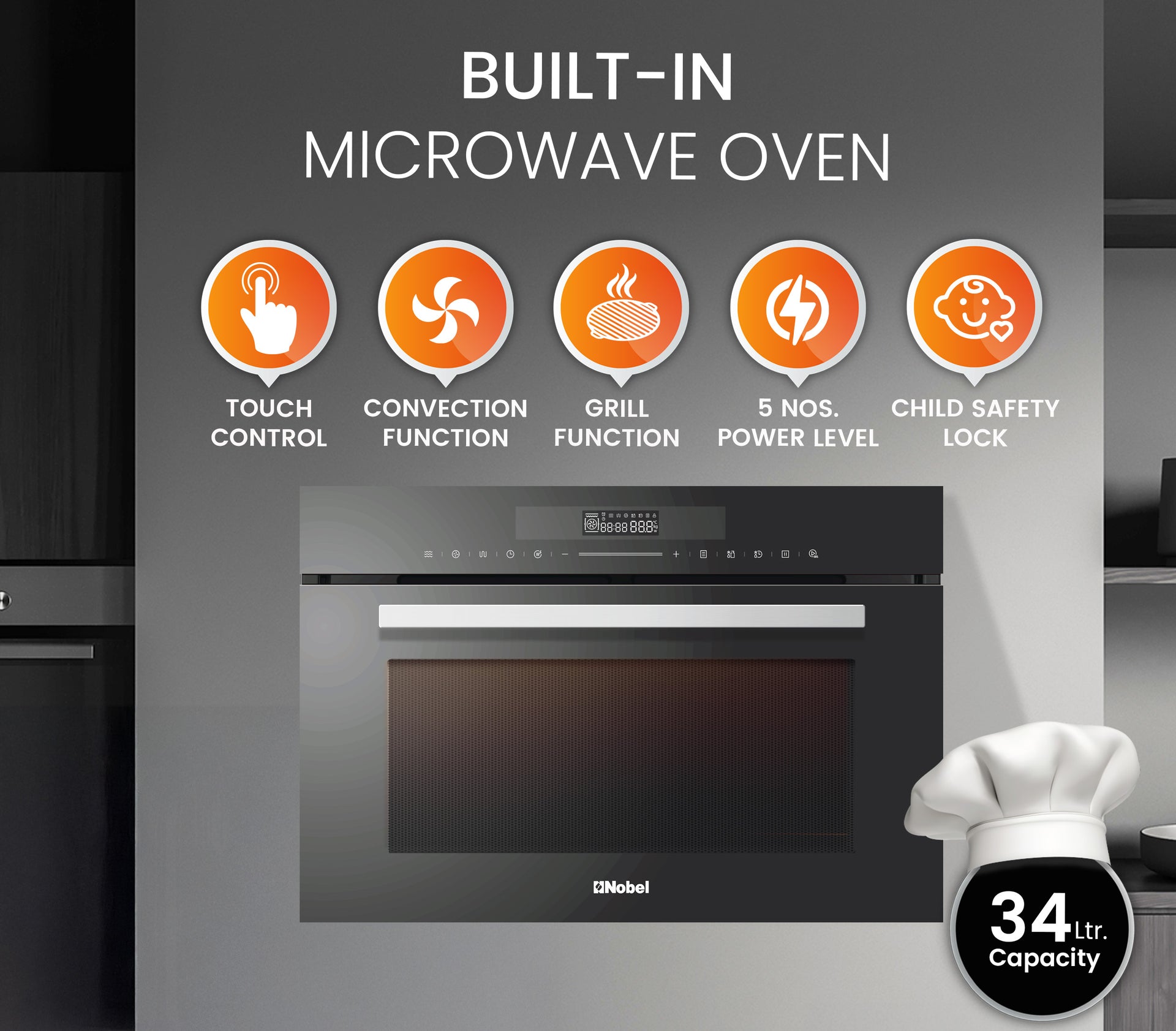 NOBEL Builtin - Microwave Oven Black 34 Ltr Grill Convection Touch Control NMO34BI