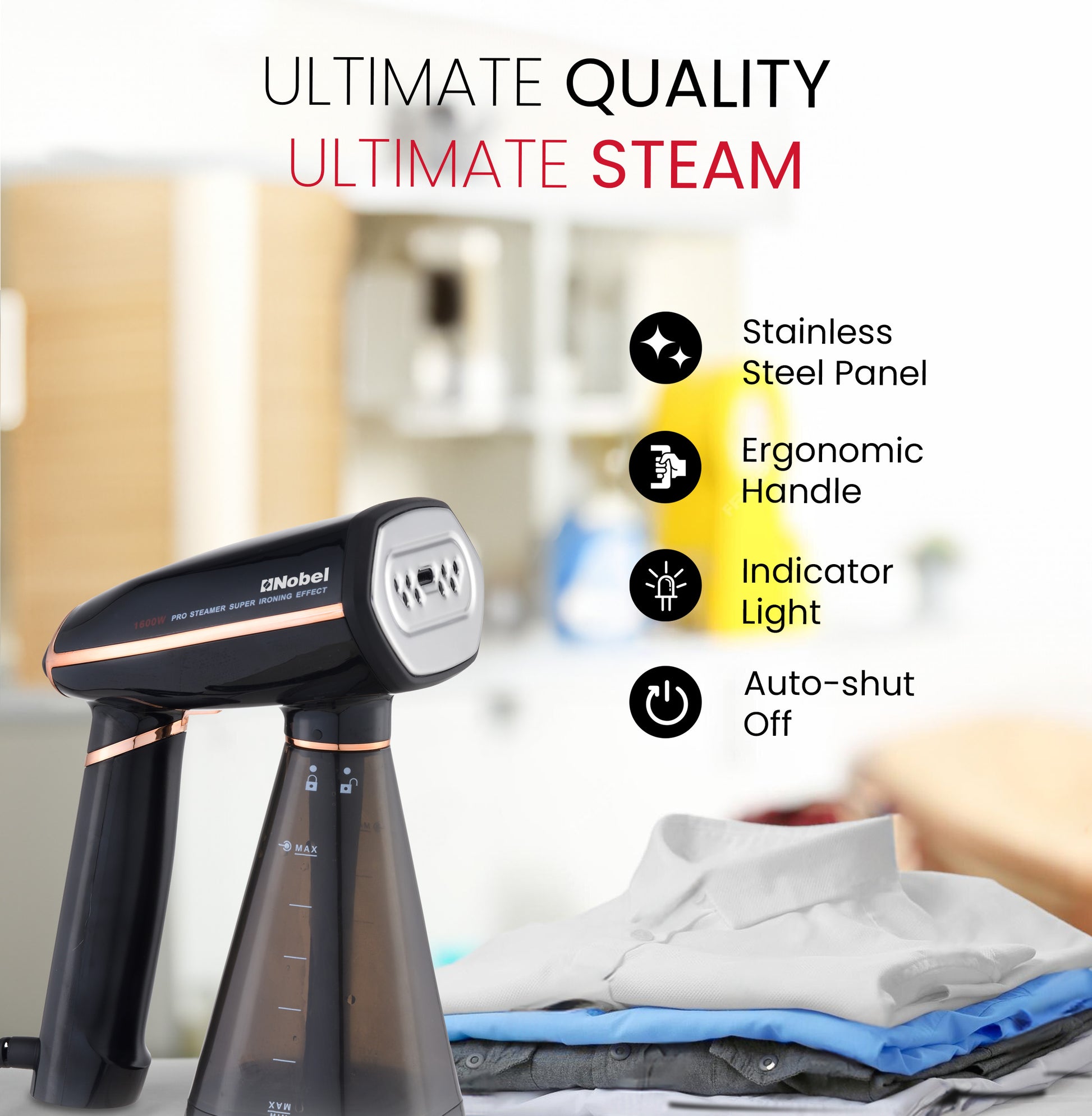 Nobel Steam Iron, Stainless Steel Panel, Detachable Water Tank, Steam Brush, 360° Rotational Swivel Handgrip, Pilot Light, Folded Handle, LED Indicator Lights, Auto-shut Off NSI33 Black-2